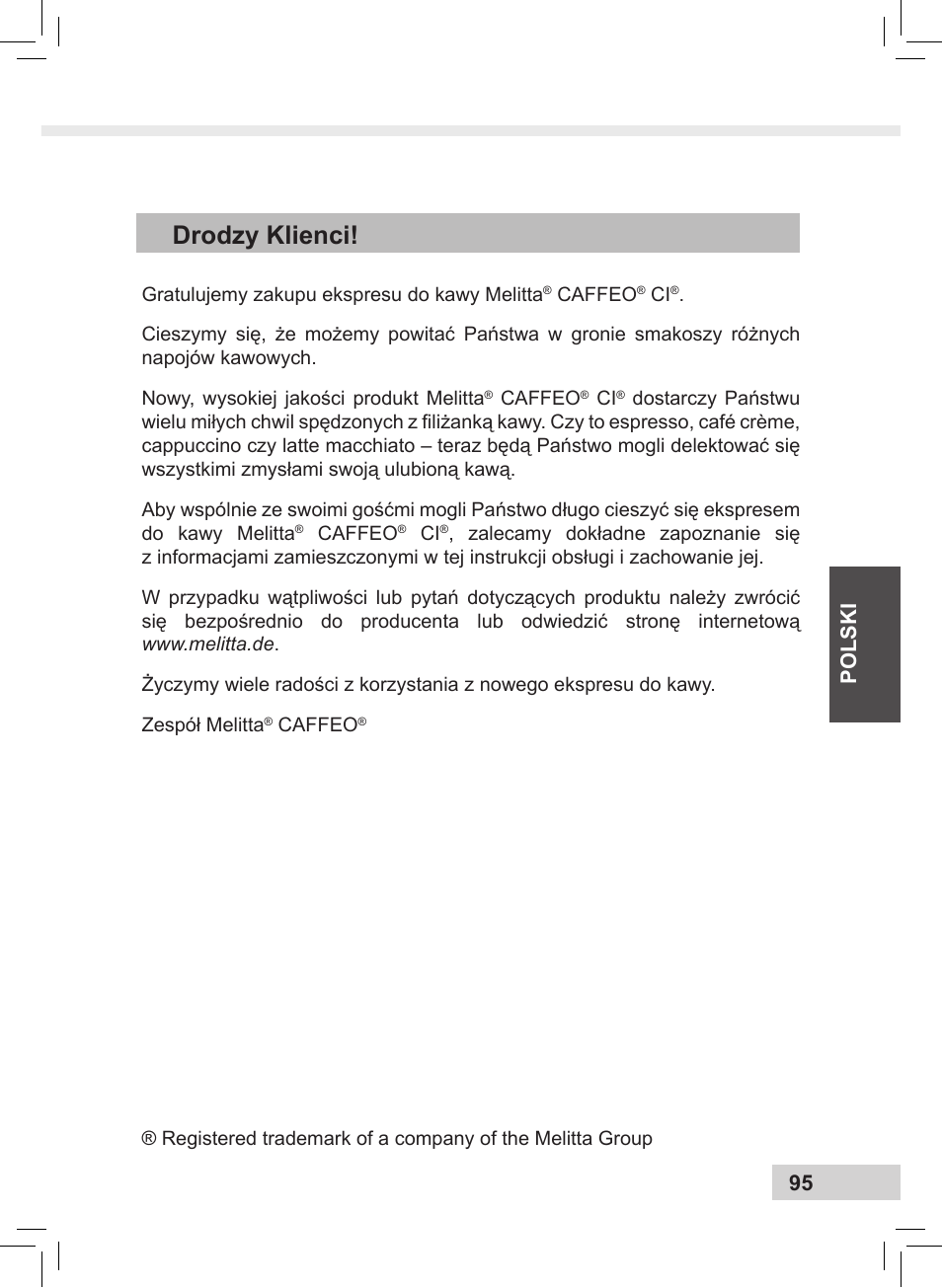 Drodzy klienci, Polski 95 | Melitta Caffeo CI User Manual | Page 97 / 240