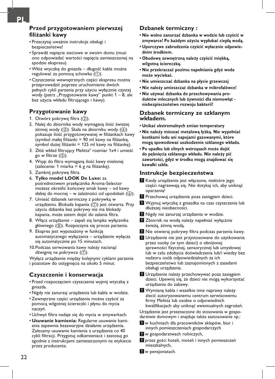 Przed przygotowaniem pierwszej filiżanki kawy, Przygotowanie kawy, Czyszczenie i konserwacja | Dzbanek termiczny, Dzbanek termiczny ze szklanym wkładem, Instrukcje bezpieczeństwa | Melitta Look therm User Manual | Page 22 / 44