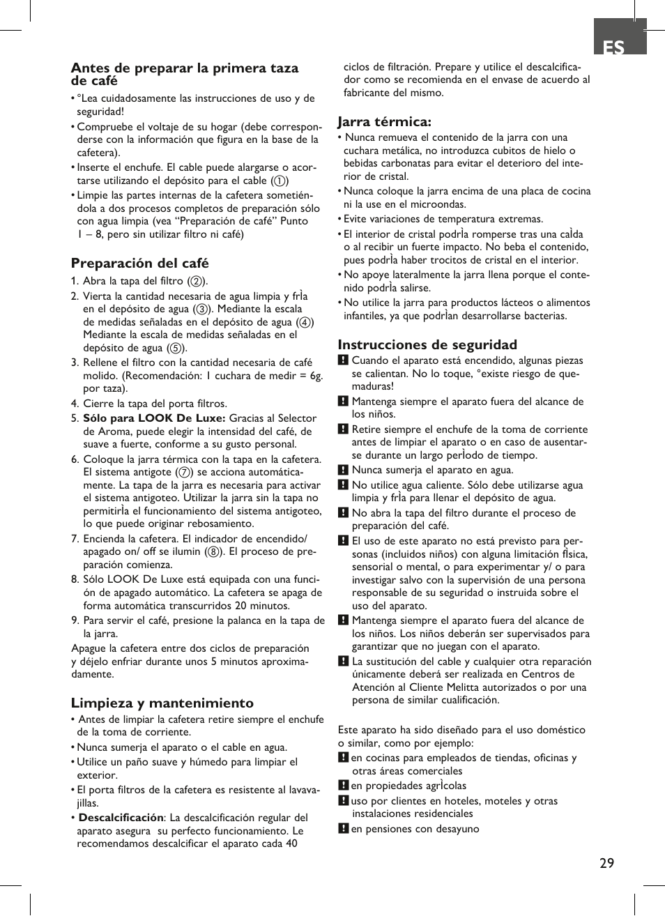 29 antes de preparar la primera taza de café, Preparación del café, Limpieza y mantenimiento | Jarra térmica, Instrucciones de seguridad | Melitta Look therm User Manual | Page 29 / 44