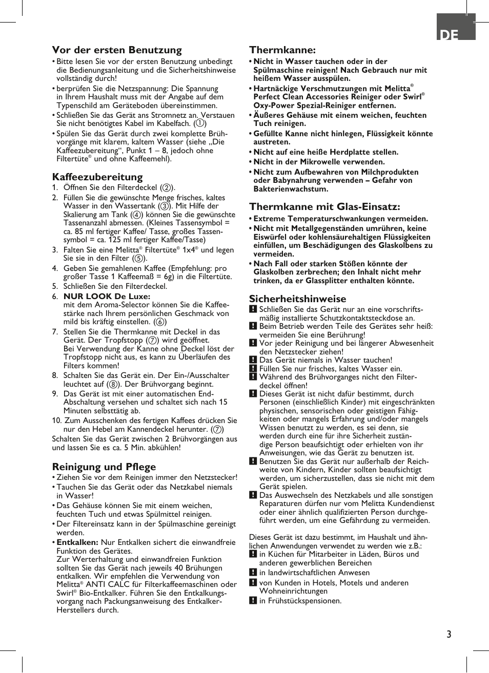 3vor der ersten benutzung, Kaffeezubereitung, Reinigung und pflege | Thermkanne, Thermkanne mit glas-einsatz, Sicherheitshinweise | Melitta Look therm User Manual | Page 3 / 44