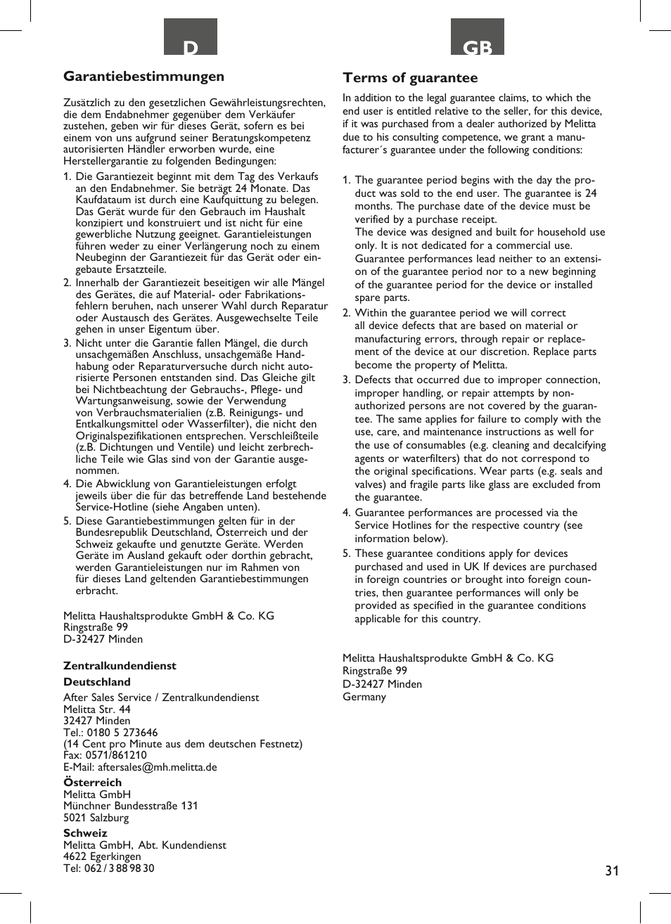 31 garantiebestimmungen, Terms of guarantee | Melitta Look therm User Manual | Page 31 / 44