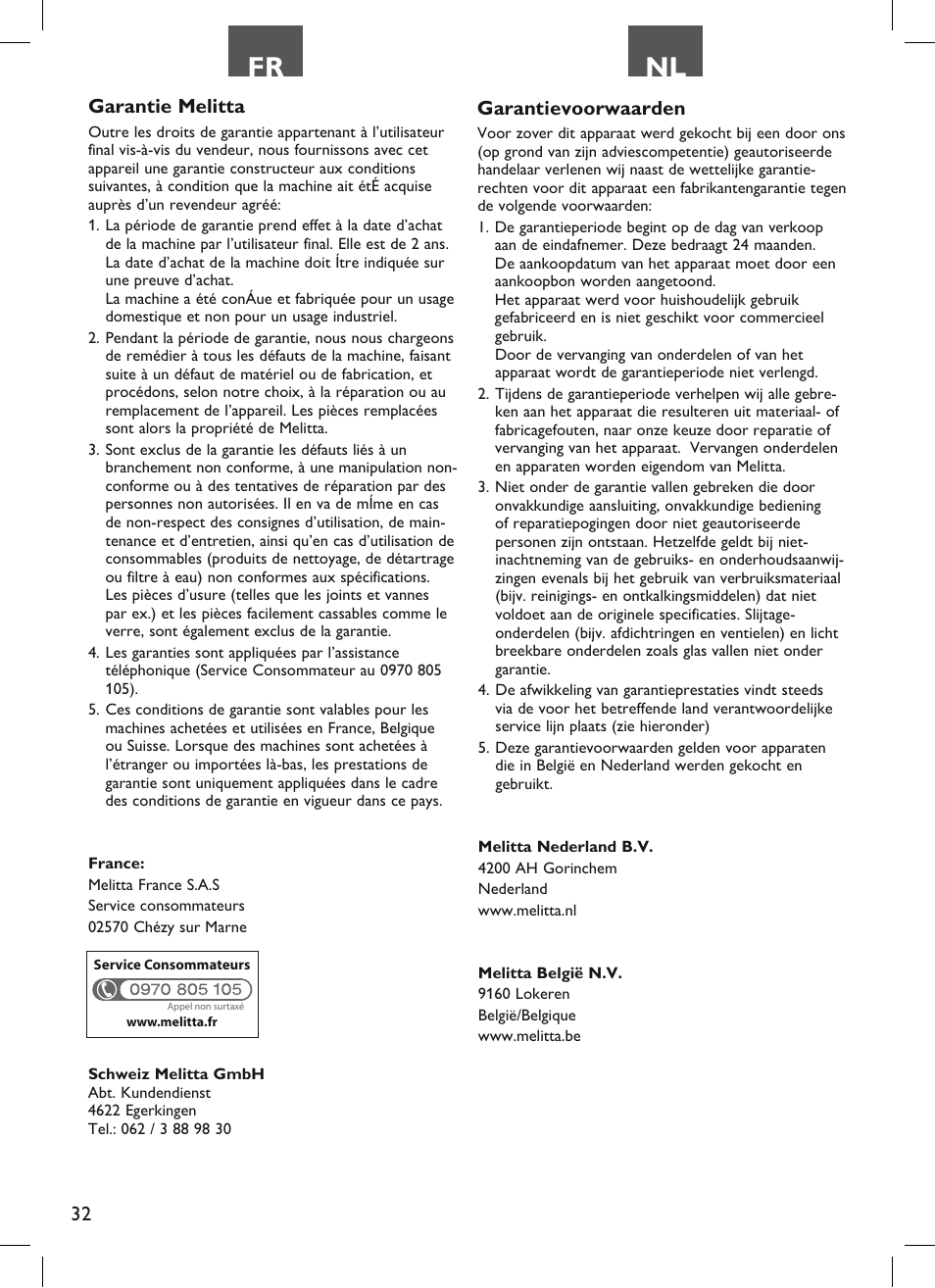 Fr nl, Garantie melitta, Garantievoorwaarden | Melitta Look therm User Manual | Page 32 / 44