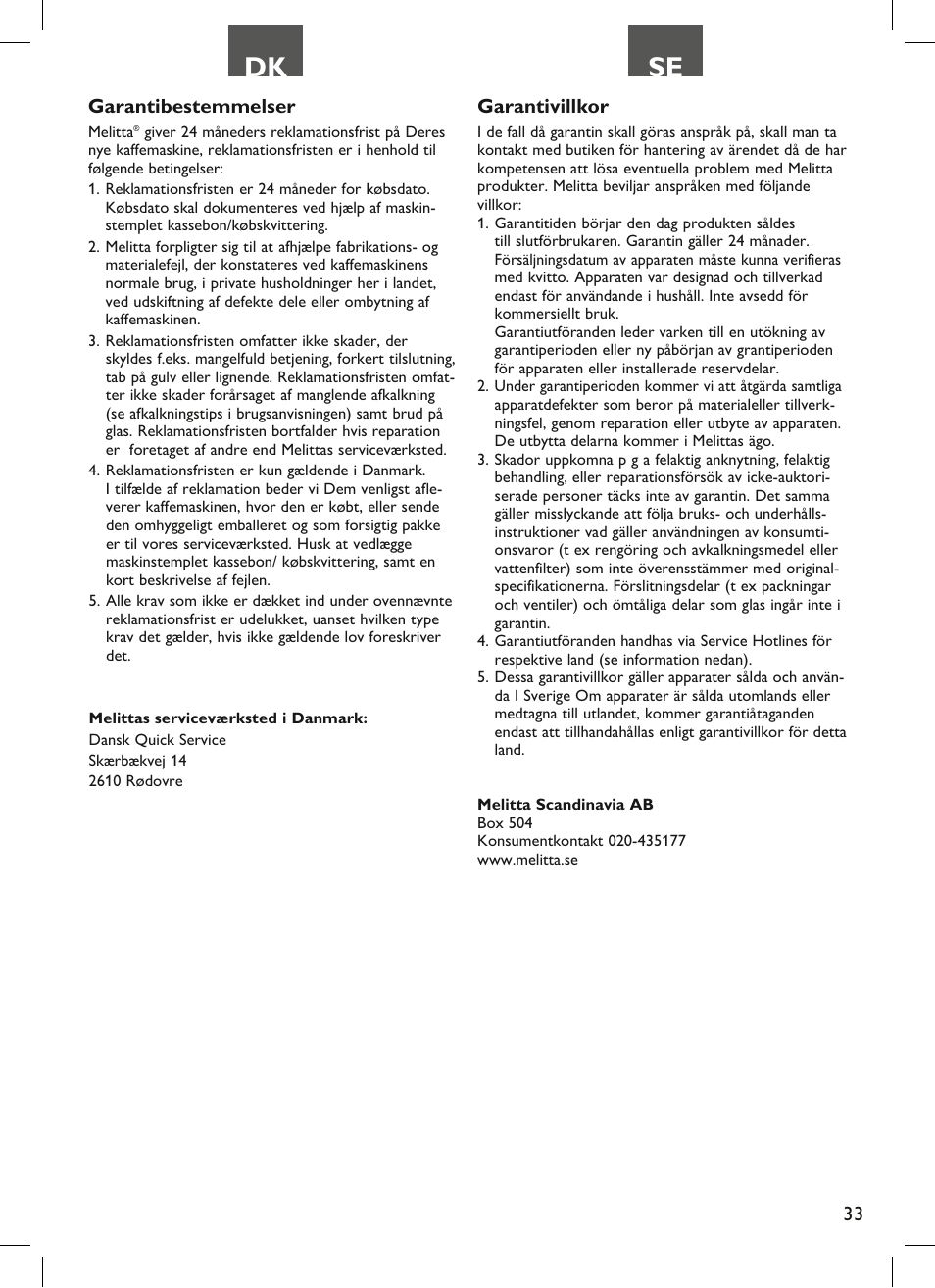 Dk se, 33 garantibestemmelser, Garantivillkor | Melitta Look therm User Manual | Page 33 / 44