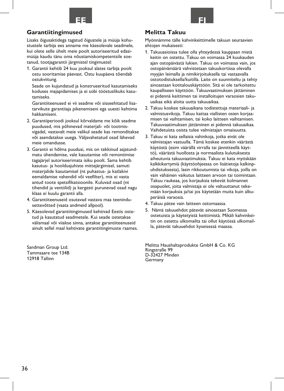 Ee fi, Garantiitingimused, Melitta takuu | Melitta Look therm User Manual | Page 36 / 44