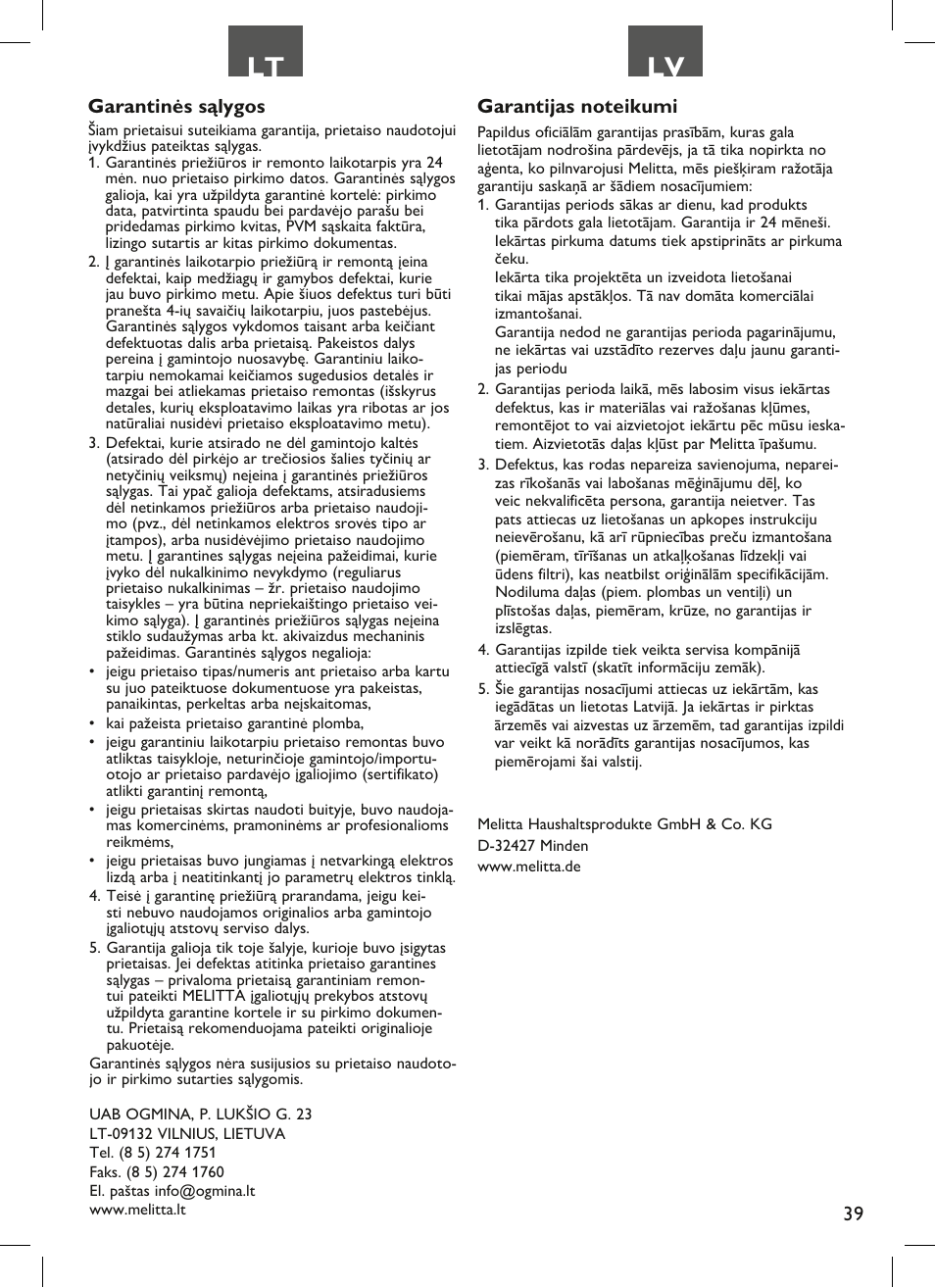 Lt lv, 39 garantinės sąlygos | Melitta Look therm User Manual | Page 39 / 44