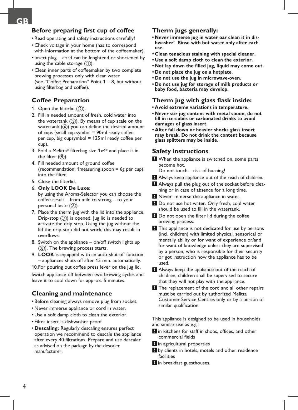 4before preparing first cup of coffee, Coffee preparation, Cleaning and maintenance | Therm jugs generally, Therm jug with glass flask inside, Safety instructions | Melitta Look therm User Manual | Page 4 / 44