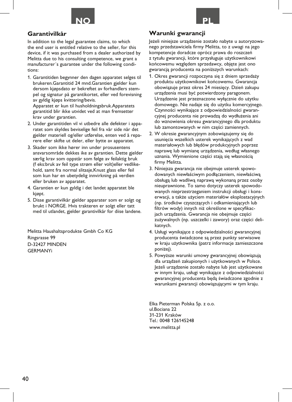 No pl, Garantivilkår, Warunki gwarancji | Melitta Look therm User Manual | Page 40 / 44