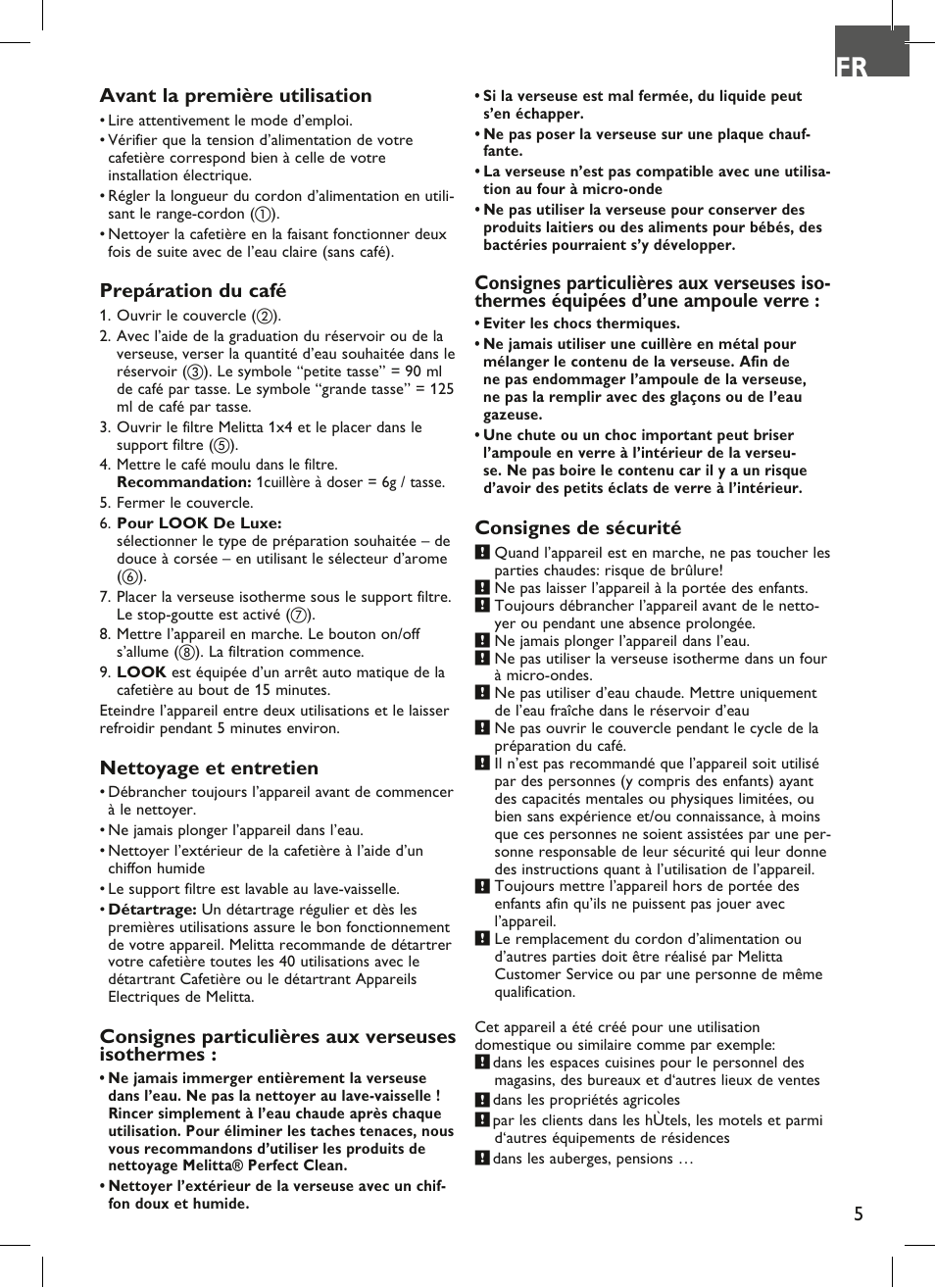 Avant la première utilisation, Prepáration du café, Nettoyage et entretien | Consignes particulières aux verseuses isothermes, Consignes de sécurité | Melitta Look therm User Manual | Page 5 / 44