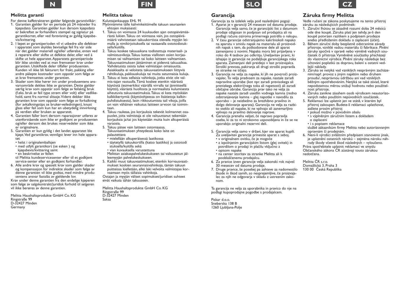 Nfin, Slo cz | Melitta Optima User Manual | Page 14 / 15