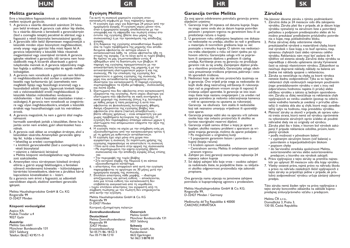 Hun gr, Hr sk, Melitta garancia | Garancija tvrtke melitta, Záručná | Melitta Optima User Manual | Page 15 / 15