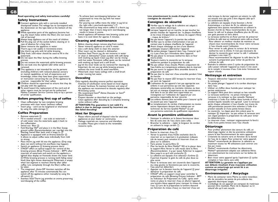 Gb f | Melitta Stage therm User Manual | Page 3 / 16