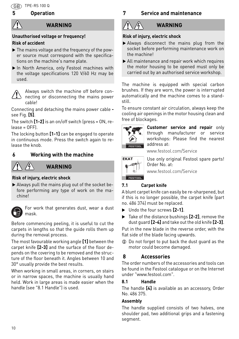 5operation, 6working with the machine, 7service and maintenance | 8accessories, Warning | Festool TPE-RS 100 Q User Manual | Page 10 / 47
