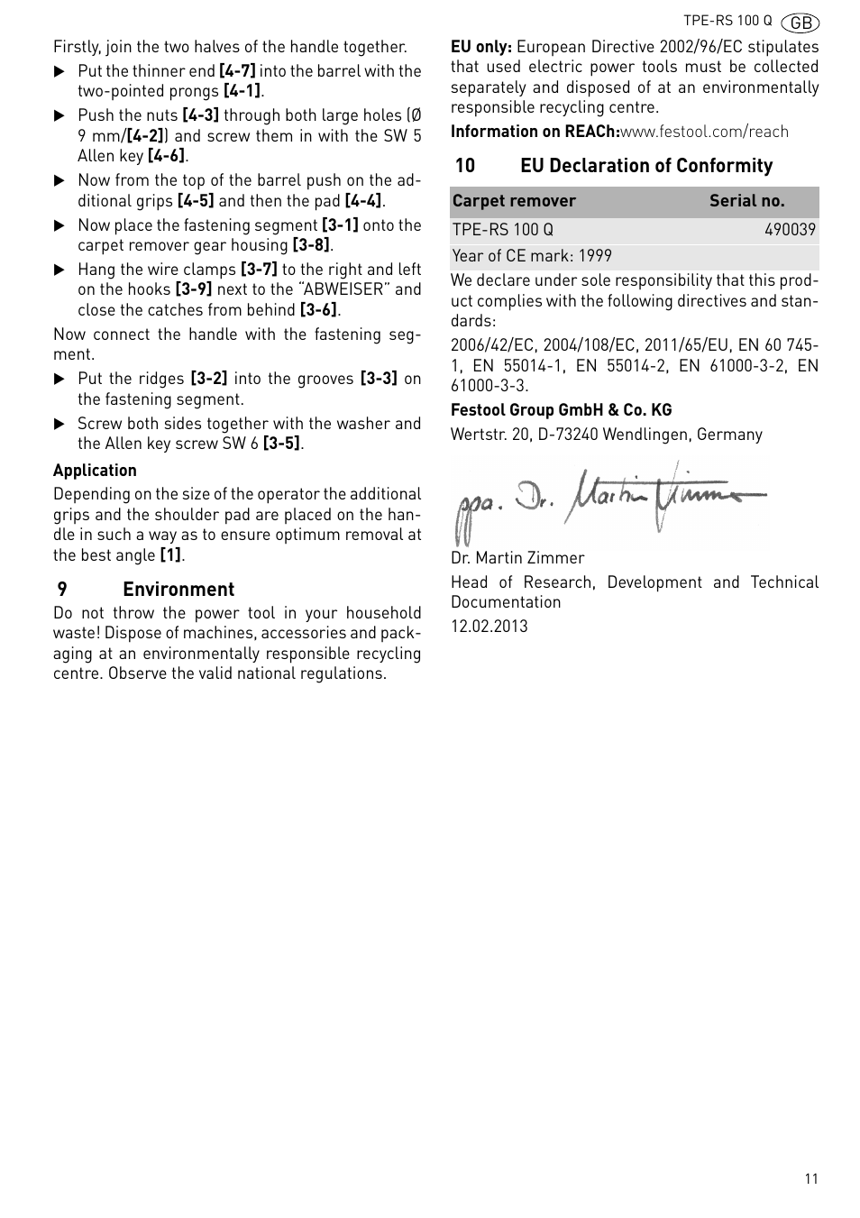 9environment, 10 eu declaration of conformity | Festool TPE-RS 100 Q User Manual | Page 11 / 47