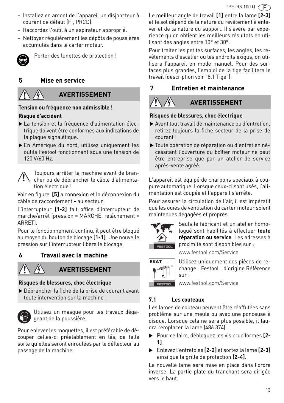 5mise en service, 6travail avec la machine, 7entretien et maintenance | Avertissement | Festool TPE-RS 100 Q User Manual | Page 13 / 47