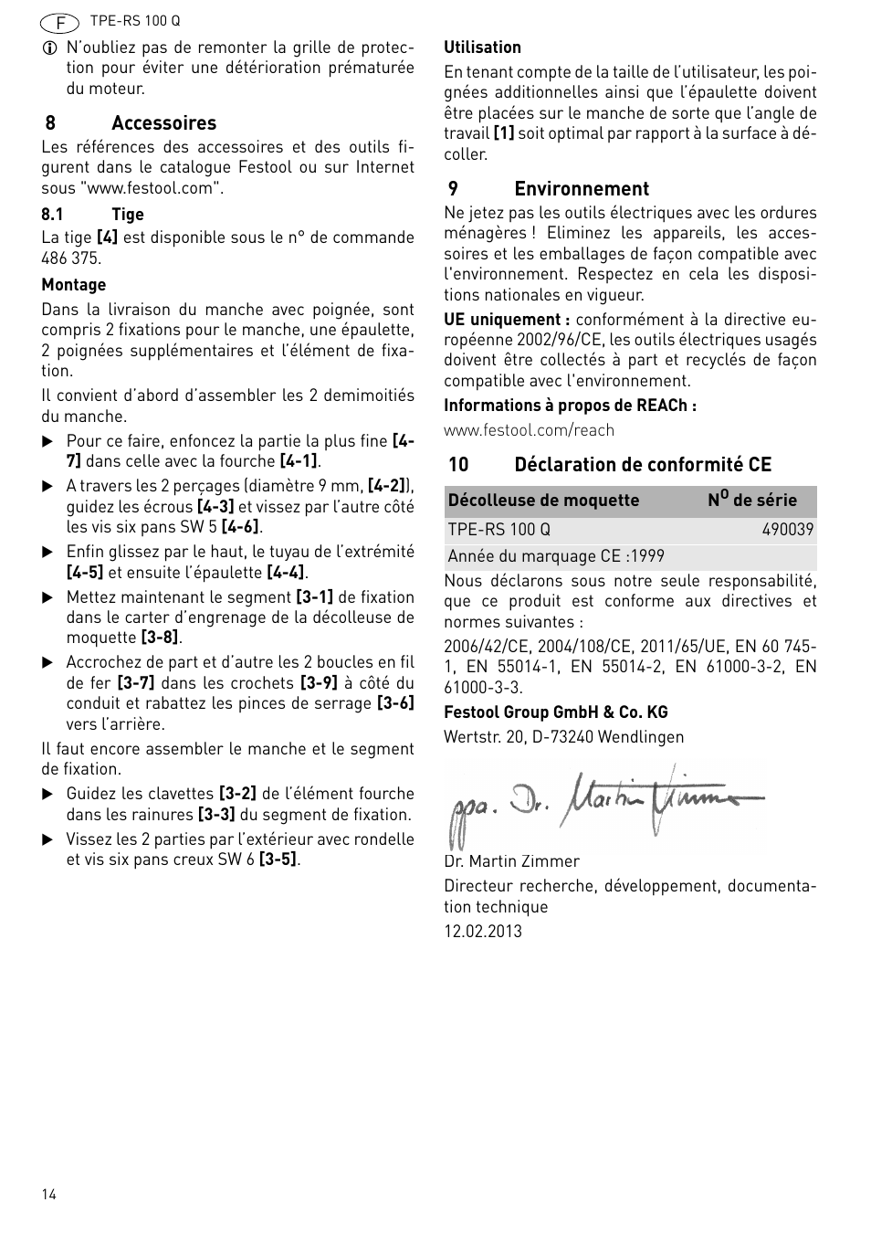 8accessoires, 9environnement, 10 déclaration de conformité ce | Festool TPE-RS 100 Q User Manual | Page 14 / 47