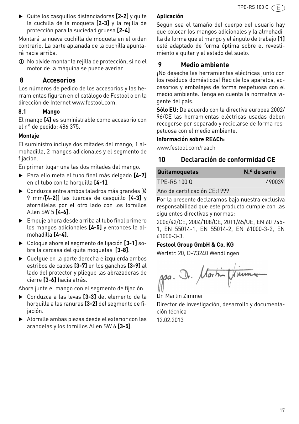 8accesorios, 9medio ambiente, 10 declaración de conformidad ce | Festool TPE-RS 100 Q User Manual | Page 17 / 47