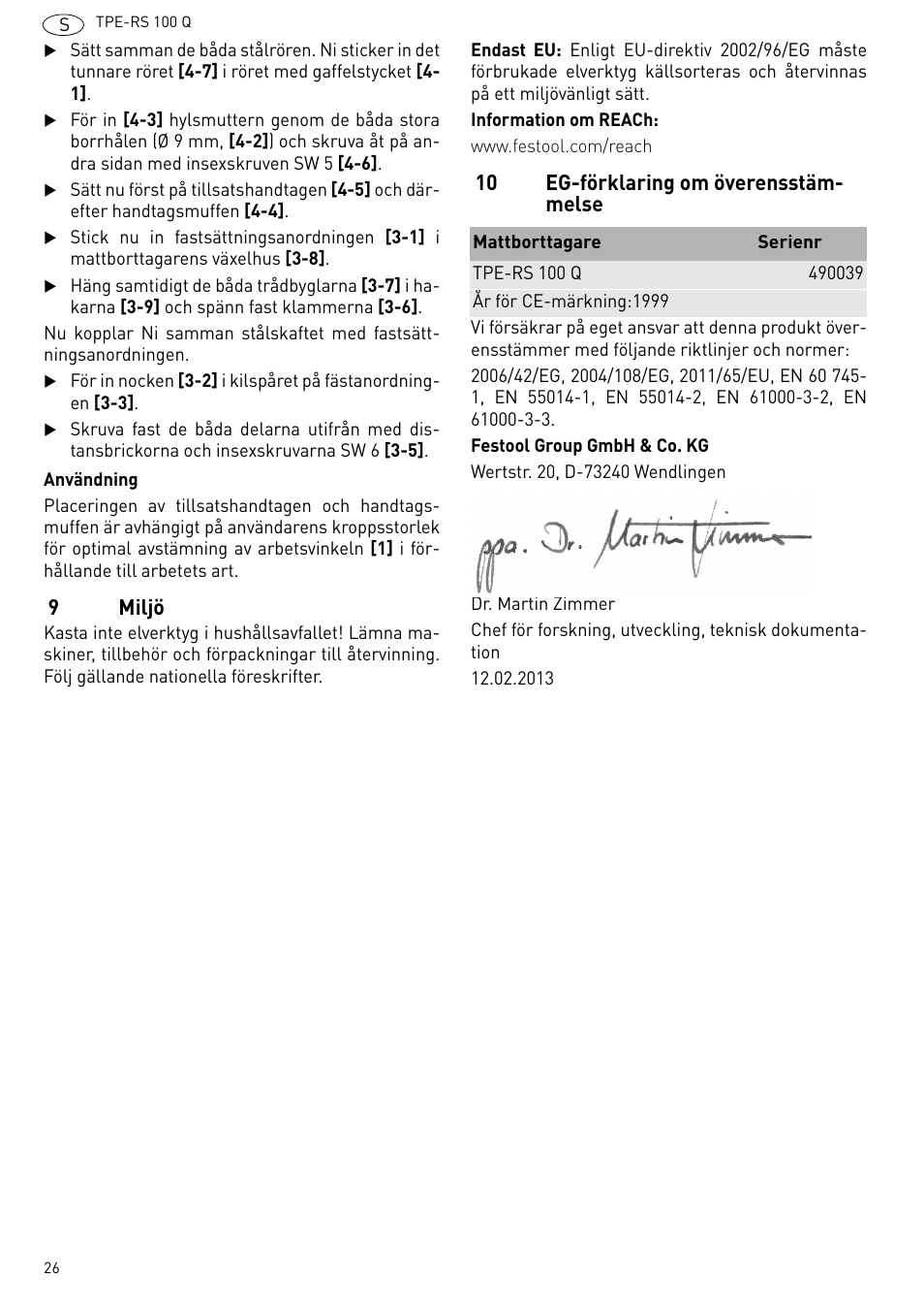 9miljö, 10 eg-förklaring om överensstäm- melse | Festool TPE-RS 100 Q User Manual | Page 26 / 47