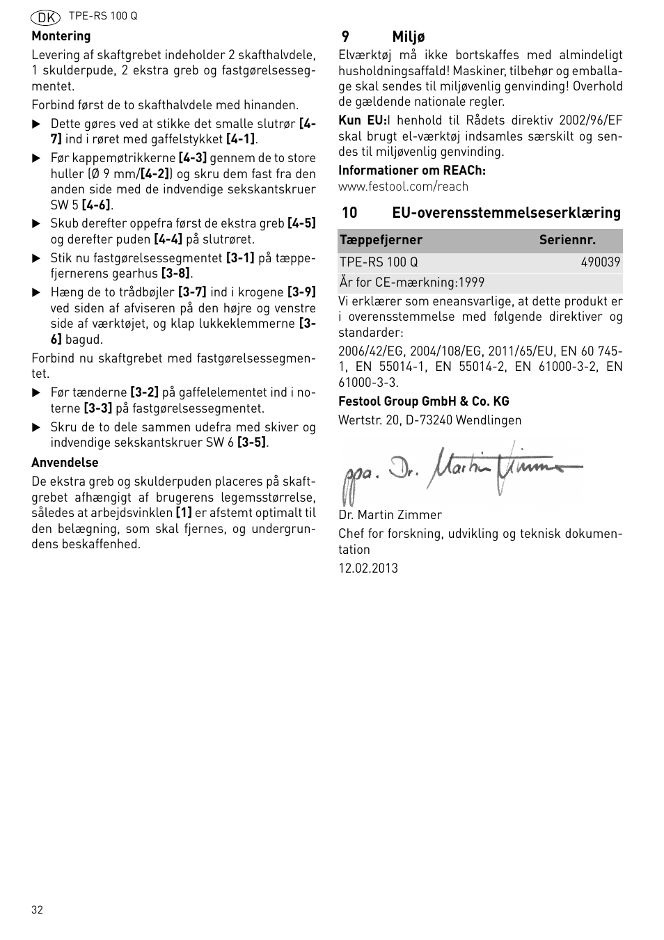 9miljø, 10 eu-overensstemmelseserklæring | Festool TPE-RS 100 Q User Manual | Page 32 / 47