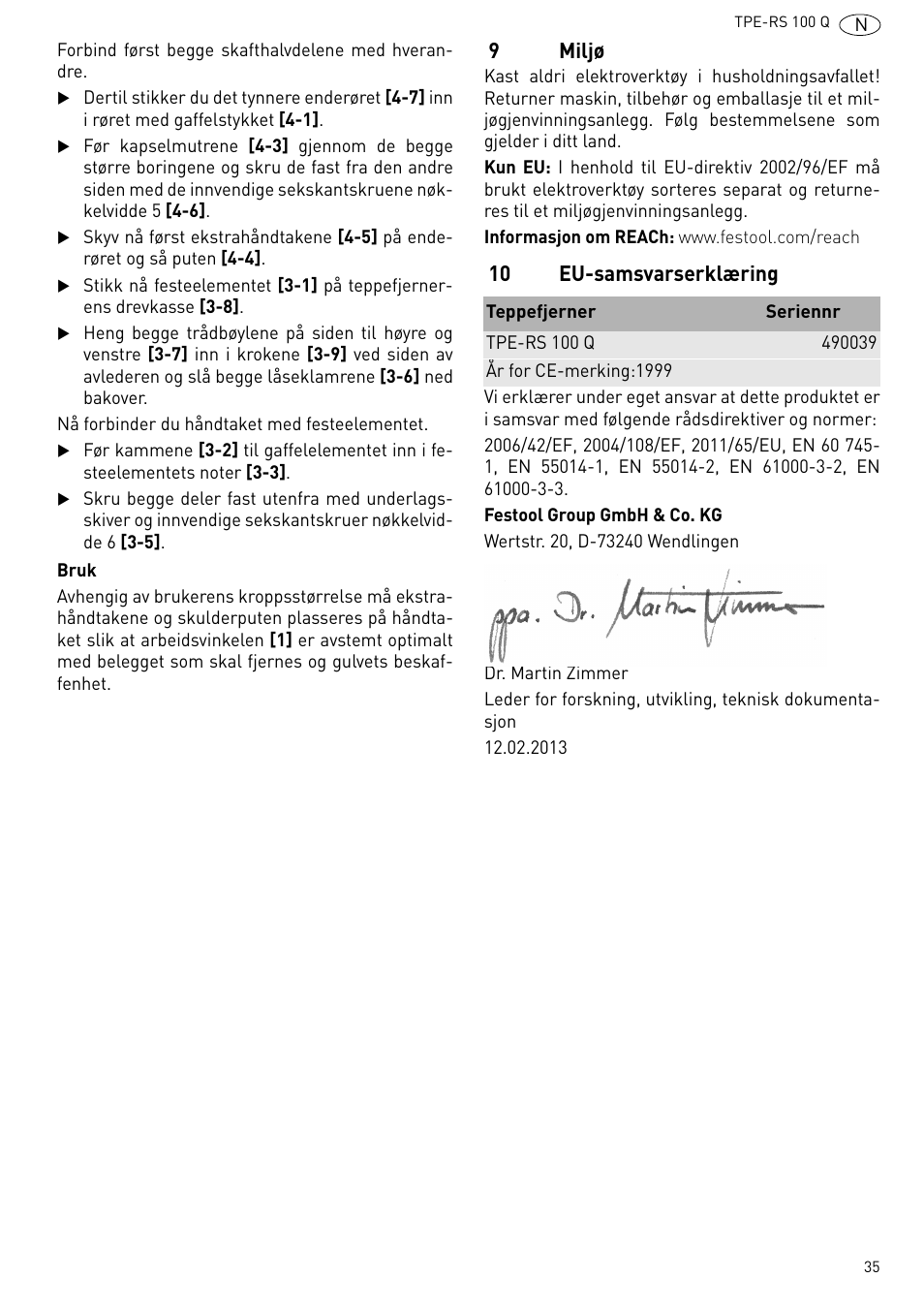 9miljø, 10 eu-samsvarserklæring | Festool TPE-RS 100 Q User Manual | Page 35 / 47