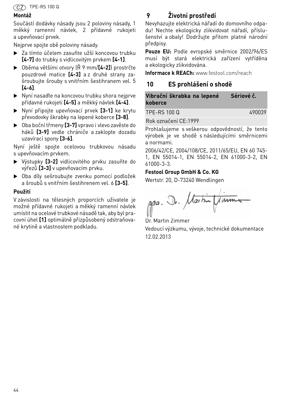 9životní prostředí, 10 es prohlášení o shodě | Festool TPE-RS 100 Q User Manual | Page 44 / 47