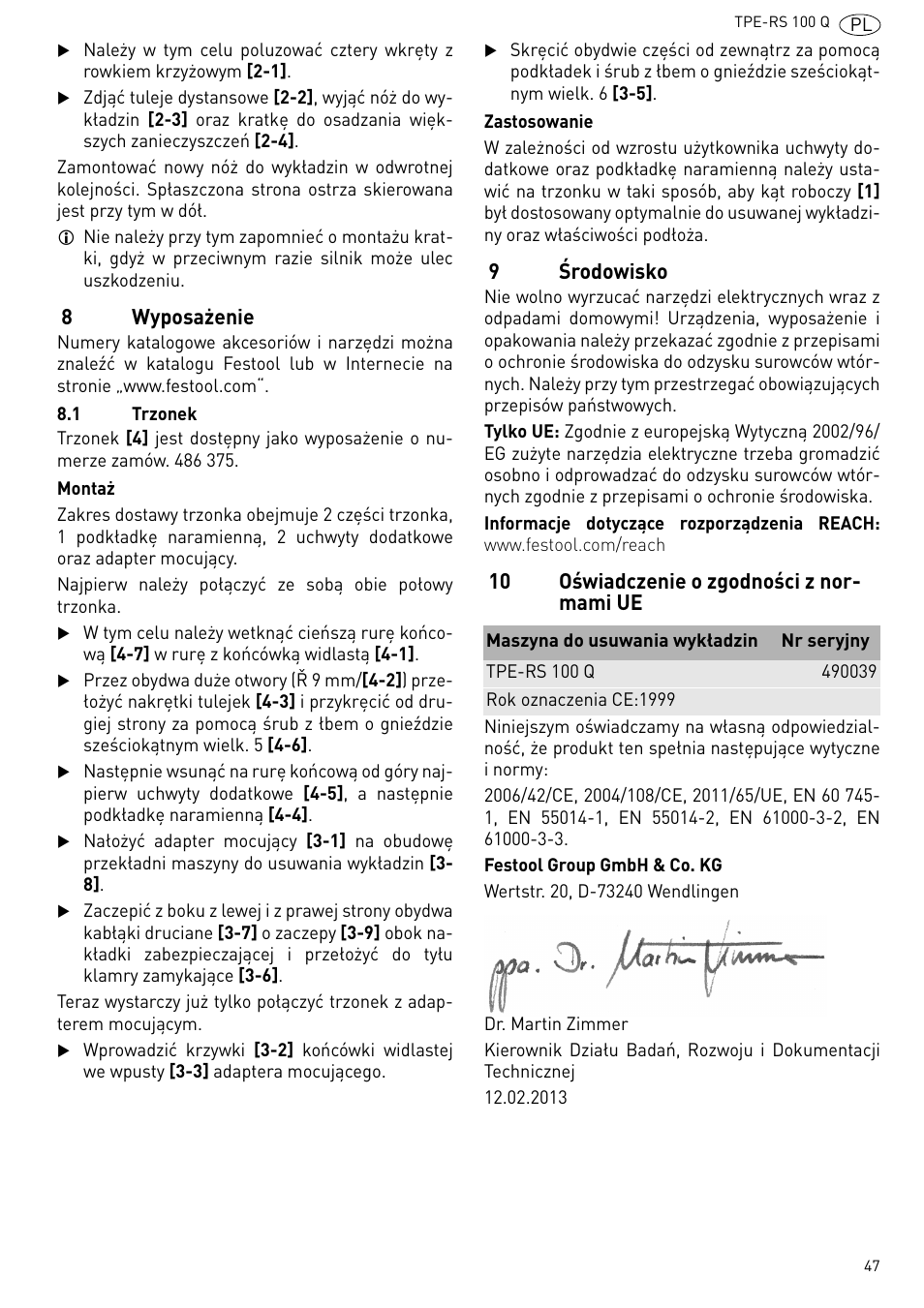 8wyposażenie, 9środowisko, 10 oświadczenie o zgodności z nor- mami ue | Festool TPE-RS 100 Q User Manual | Page 47 / 47