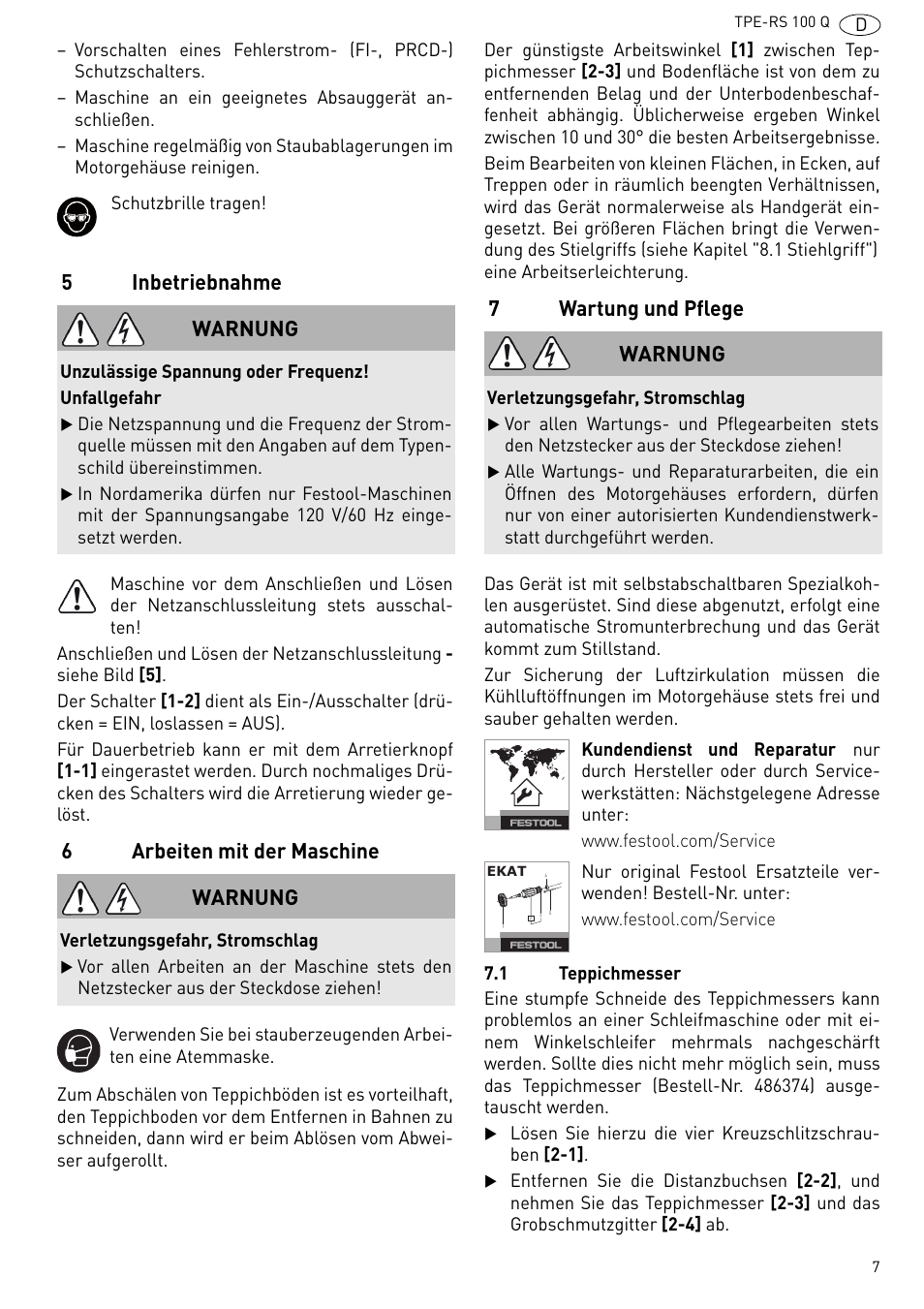 5inbetriebnahme, 6arbeiten mit der maschine, 7wartung und pflege | Warnung | Festool TPE-RS 100 Q User Manual | Page 7 / 47