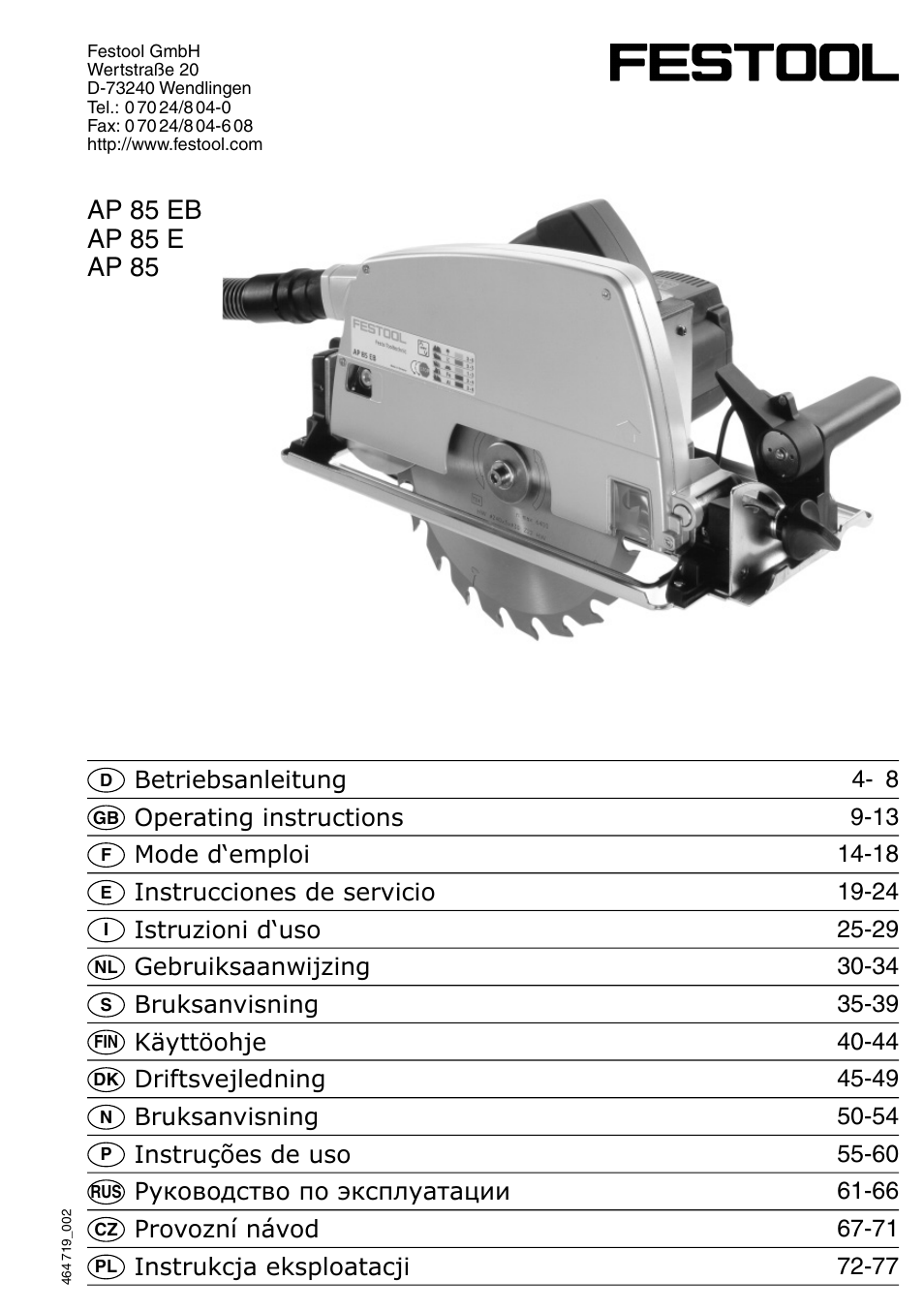 Festool AP 85 User Manual | 78 pages
