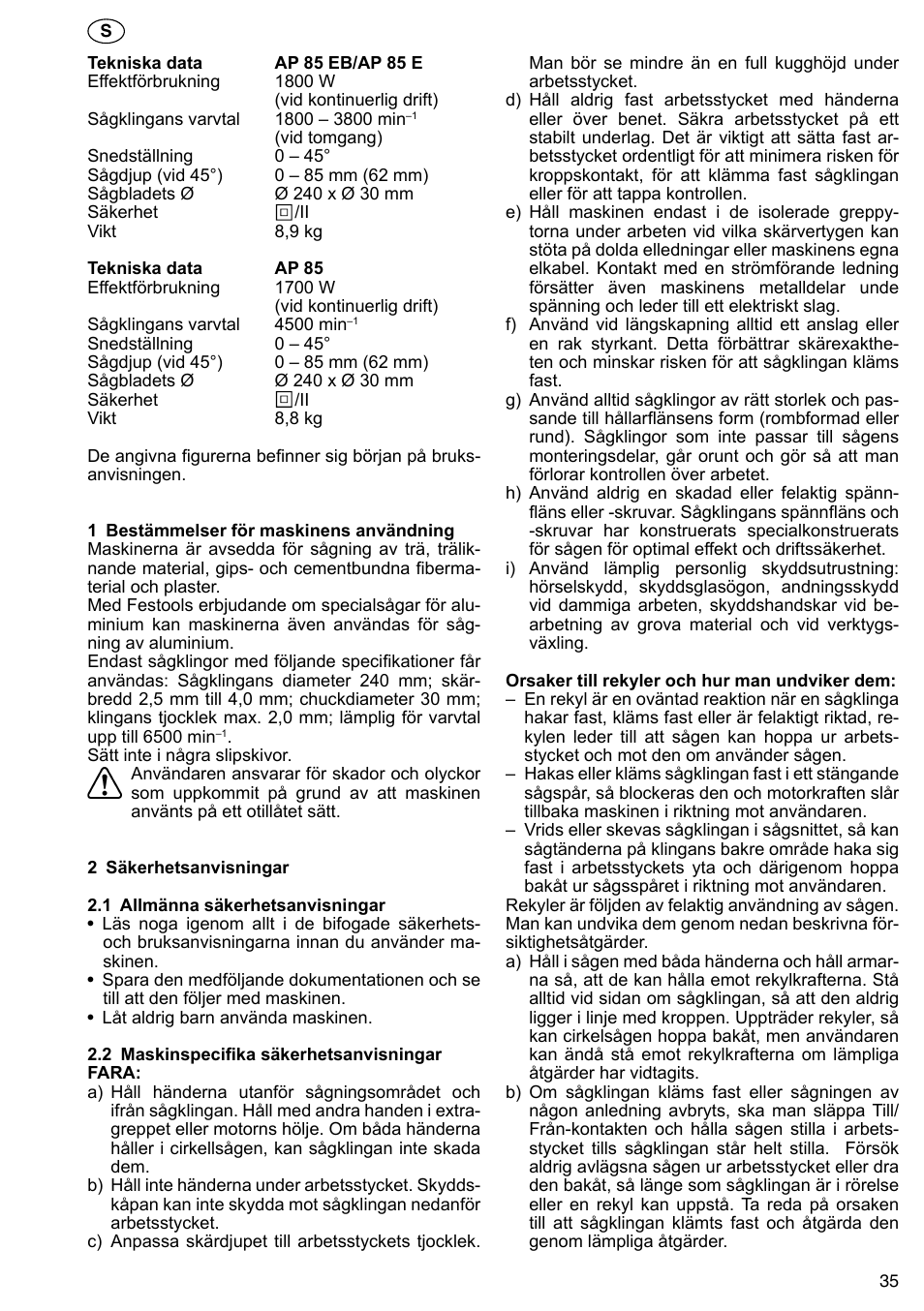 Festool AP 85 User Manual | Page 35 / 78