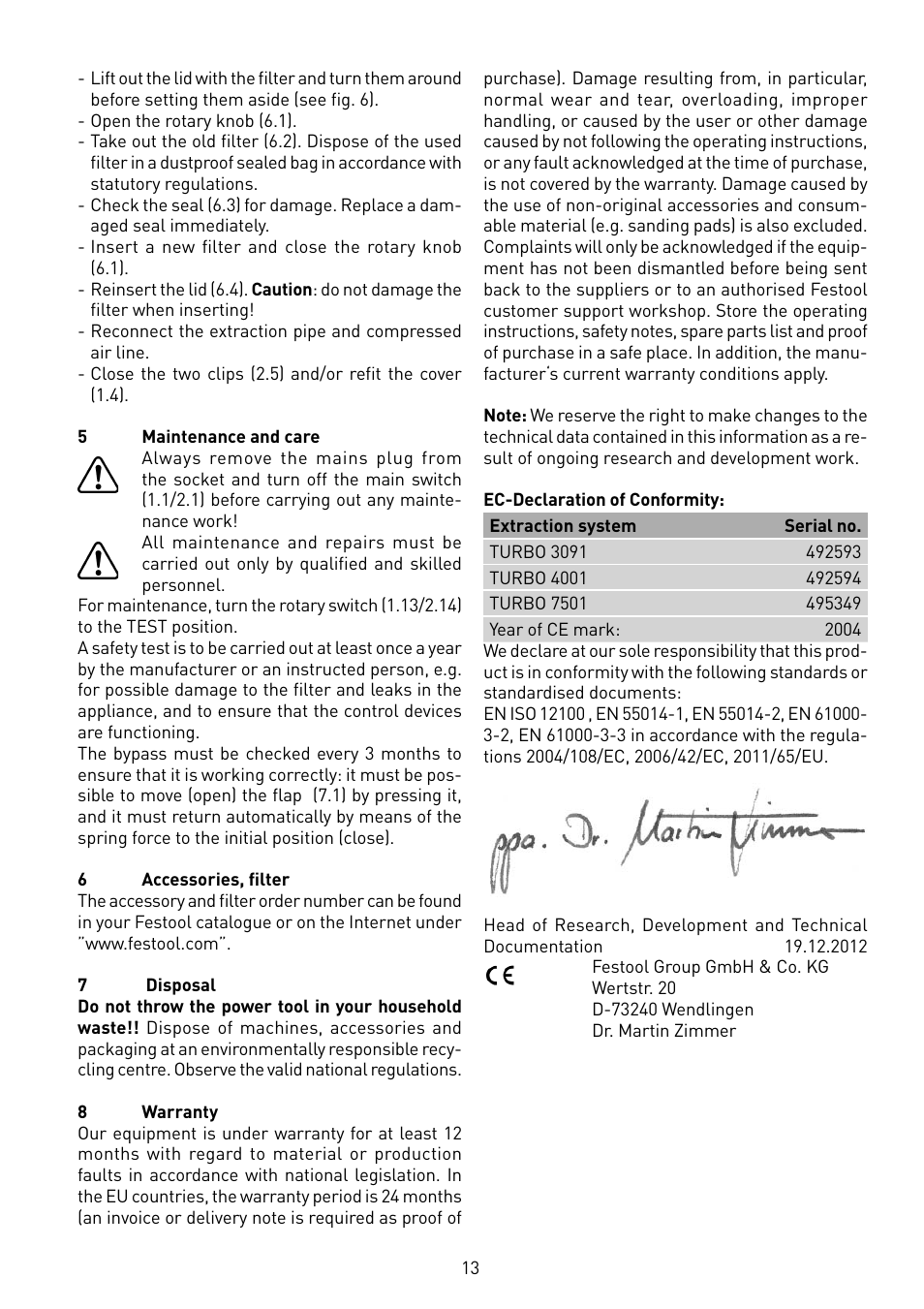 Festool TURBO 7501 User Manual | Page 13 / 54