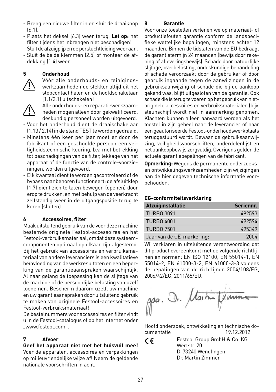 Festool TURBO 7501 User Manual | Page 27 / 54