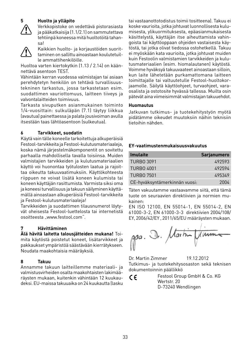 Festool TURBO 7501 User Manual | Page 33 / 54