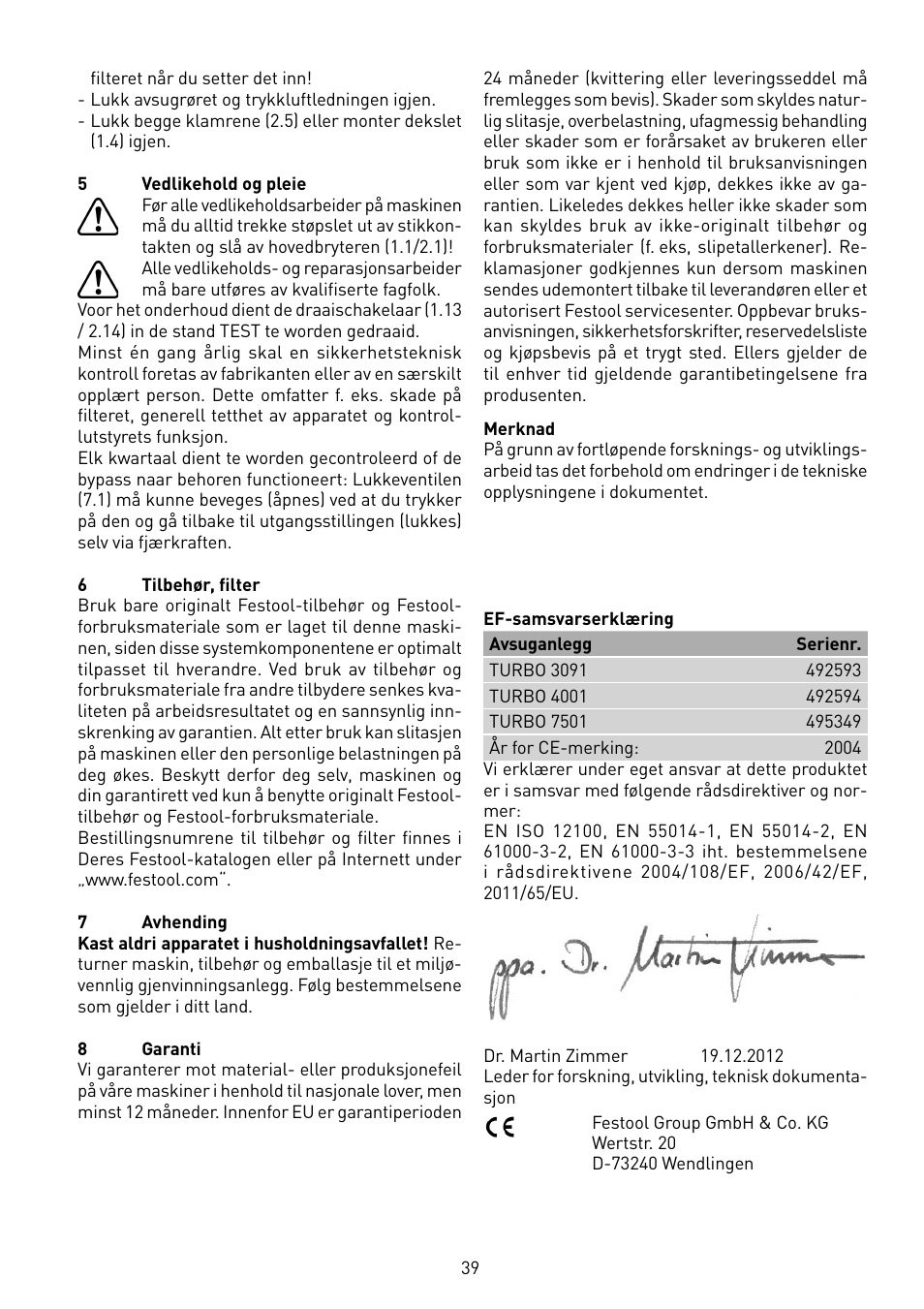 Festool TURBO 7501 User Manual | Page 39 / 54