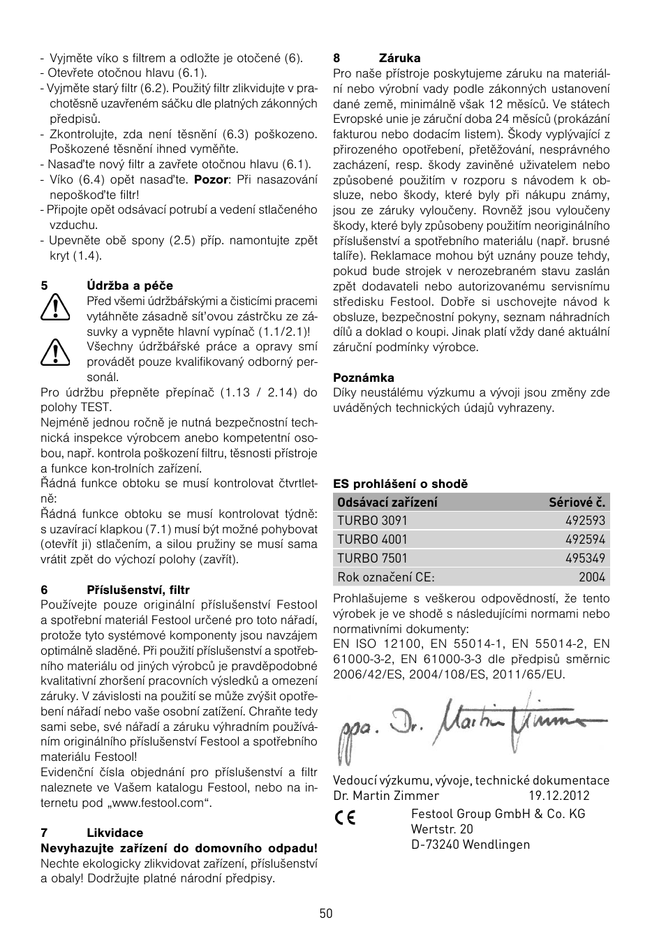 Festool TURBO 7501 User Manual | Page 50 / 54