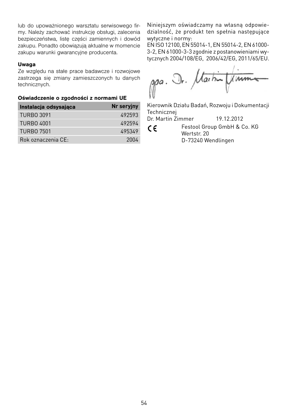 Festool TURBO 7501 User Manual | Page 54 / 54