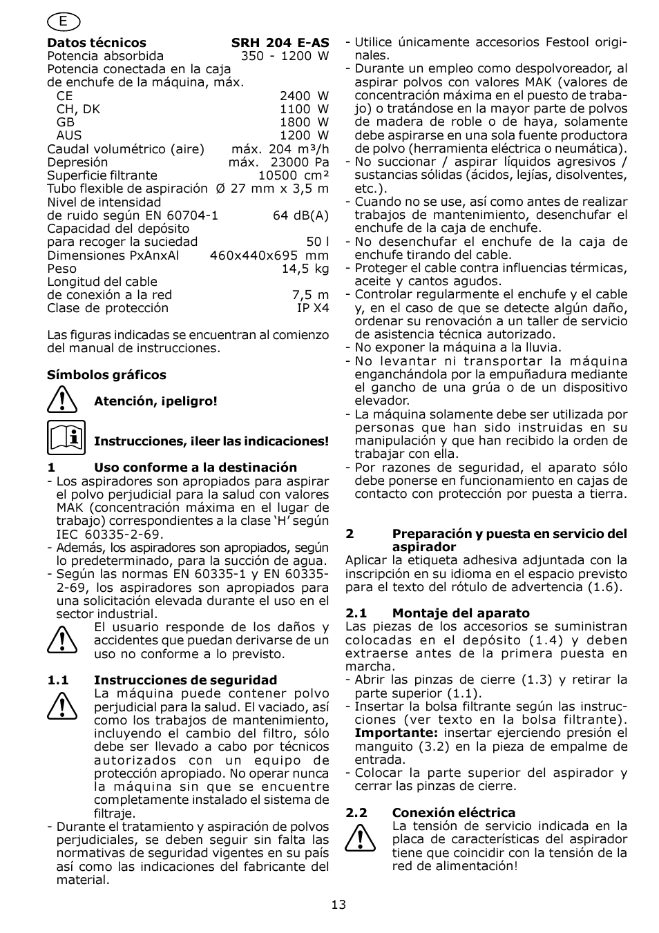Festool SRH 204 E-AS Flowsensor User Manual | Page 13 / 54