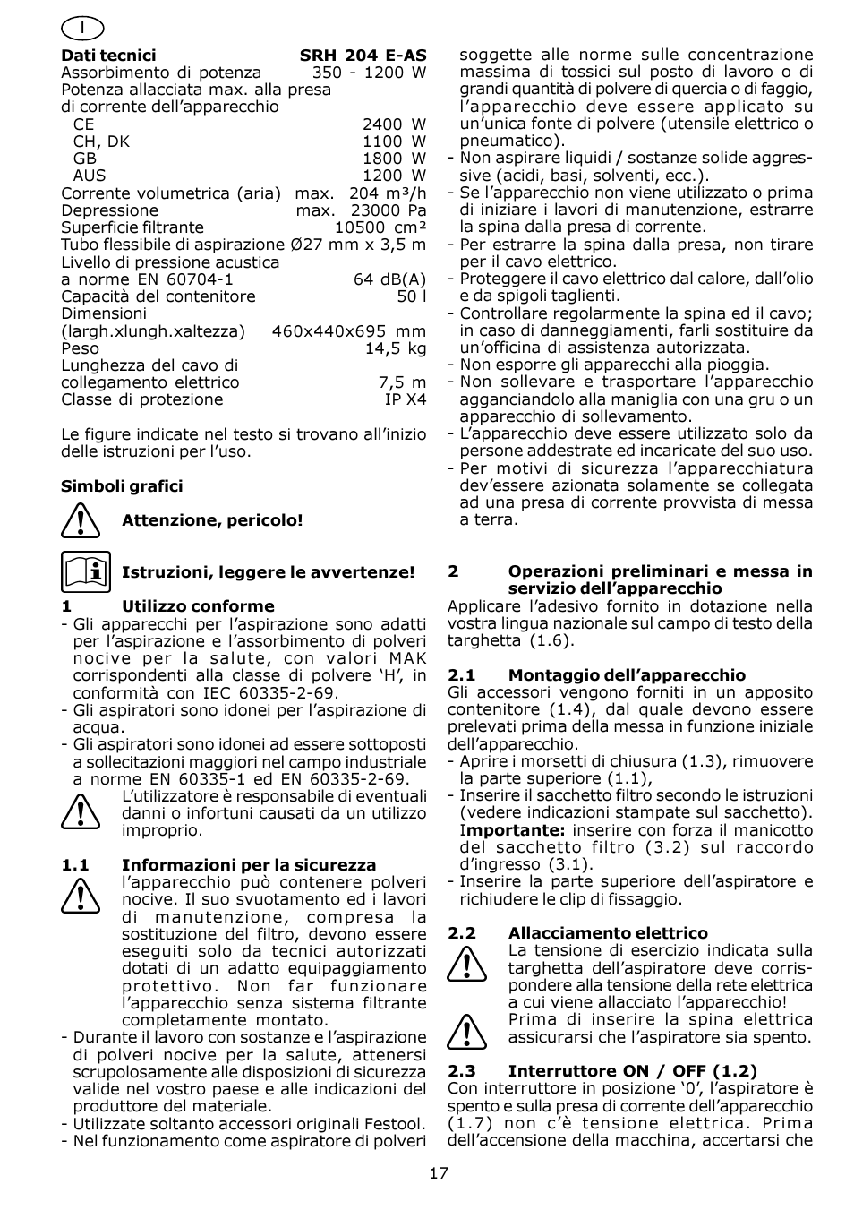 Festool SRH 204 E-AS Flowsensor User Manual | Page 17 / 54
