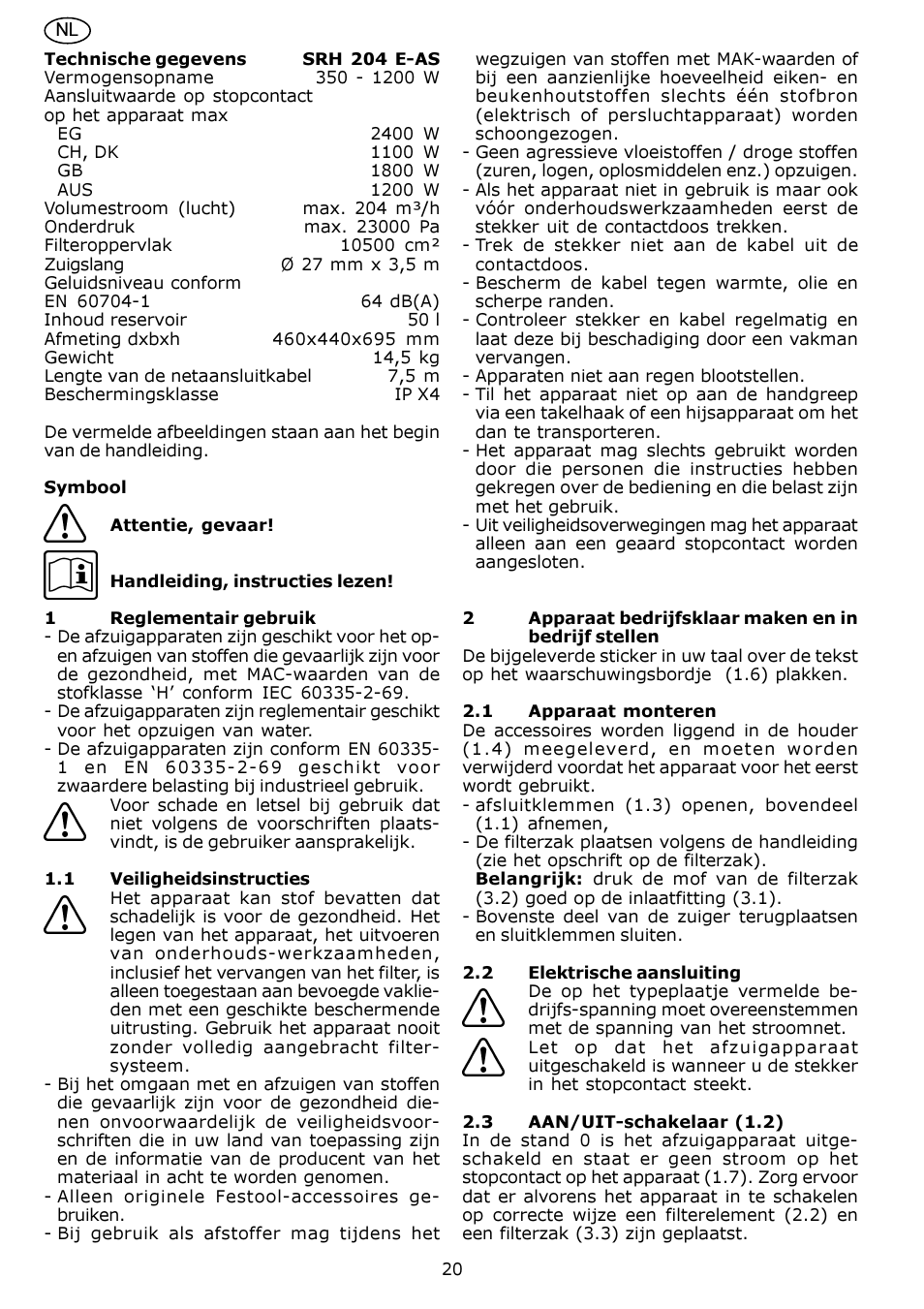 Festool SRH 204 E-AS Flowsensor User Manual | Page 20 / 54