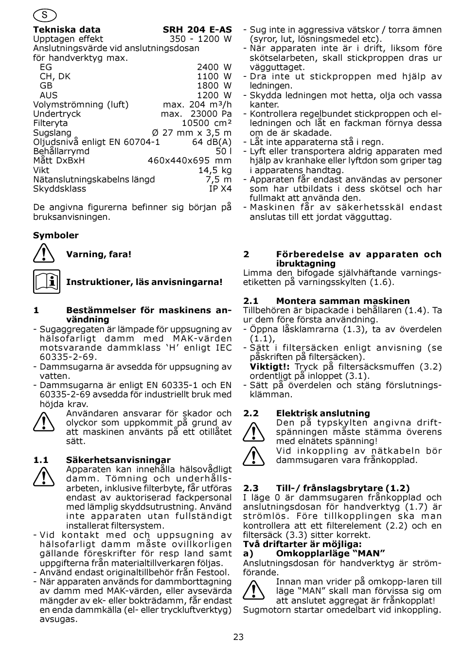 Festool SRH 204 E-AS Flowsensor User Manual | Page 23 / 54