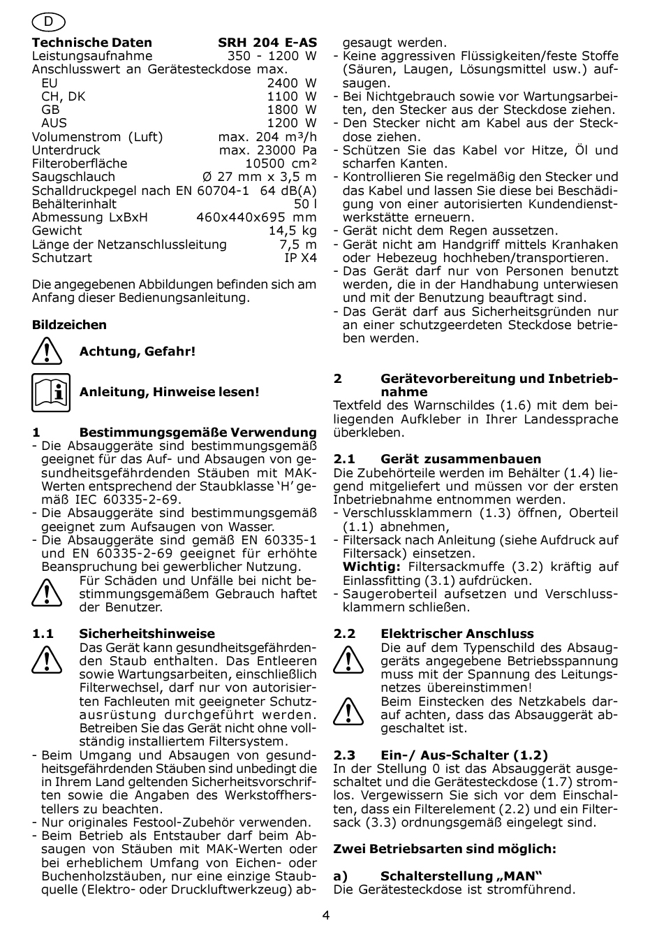Festool SRH 204 E-AS Flowsensor User Manual | Page 4 / 54
