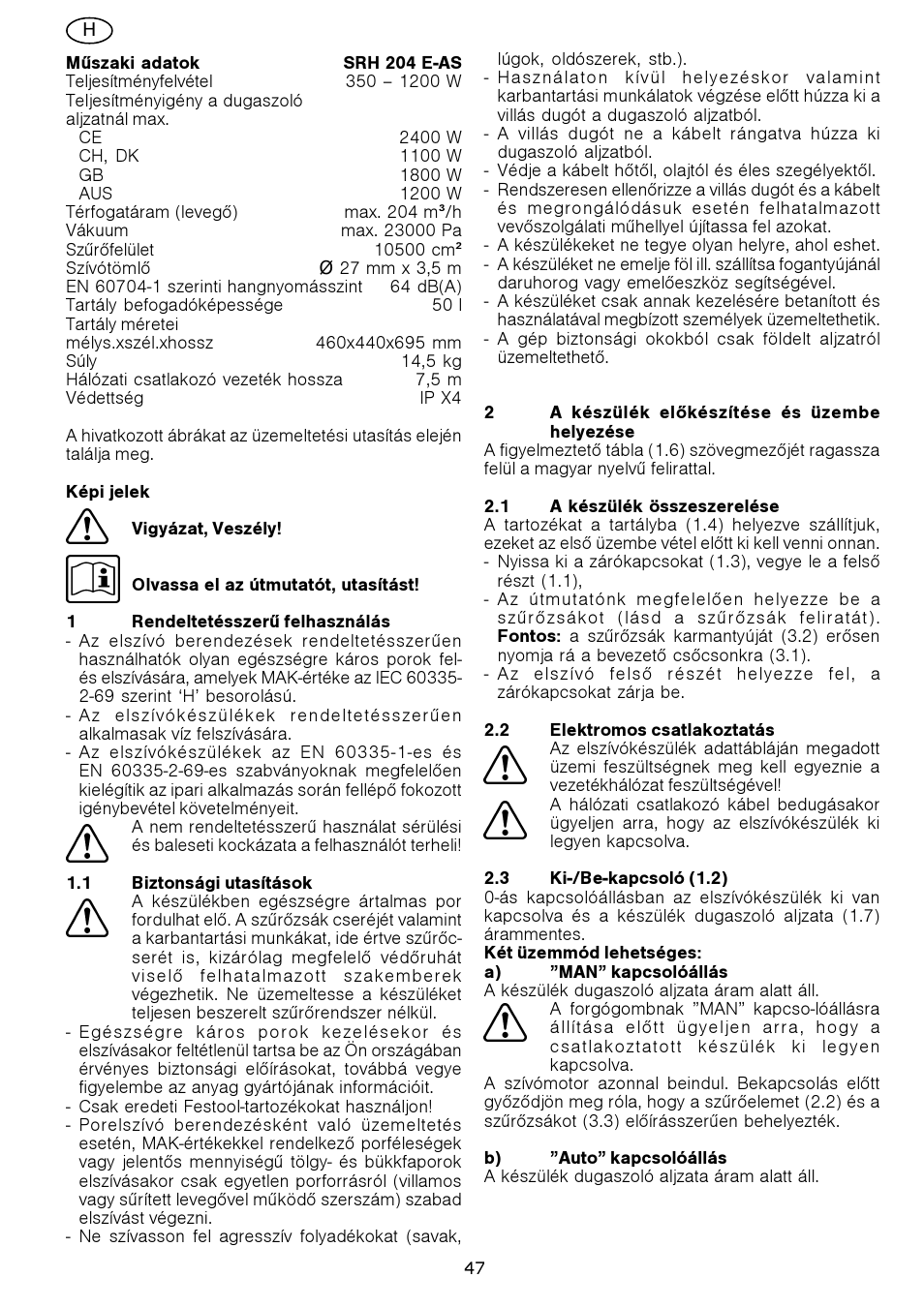 Festool SRH 204 E-AS Flowsensor User Manual | Page 47 / 54