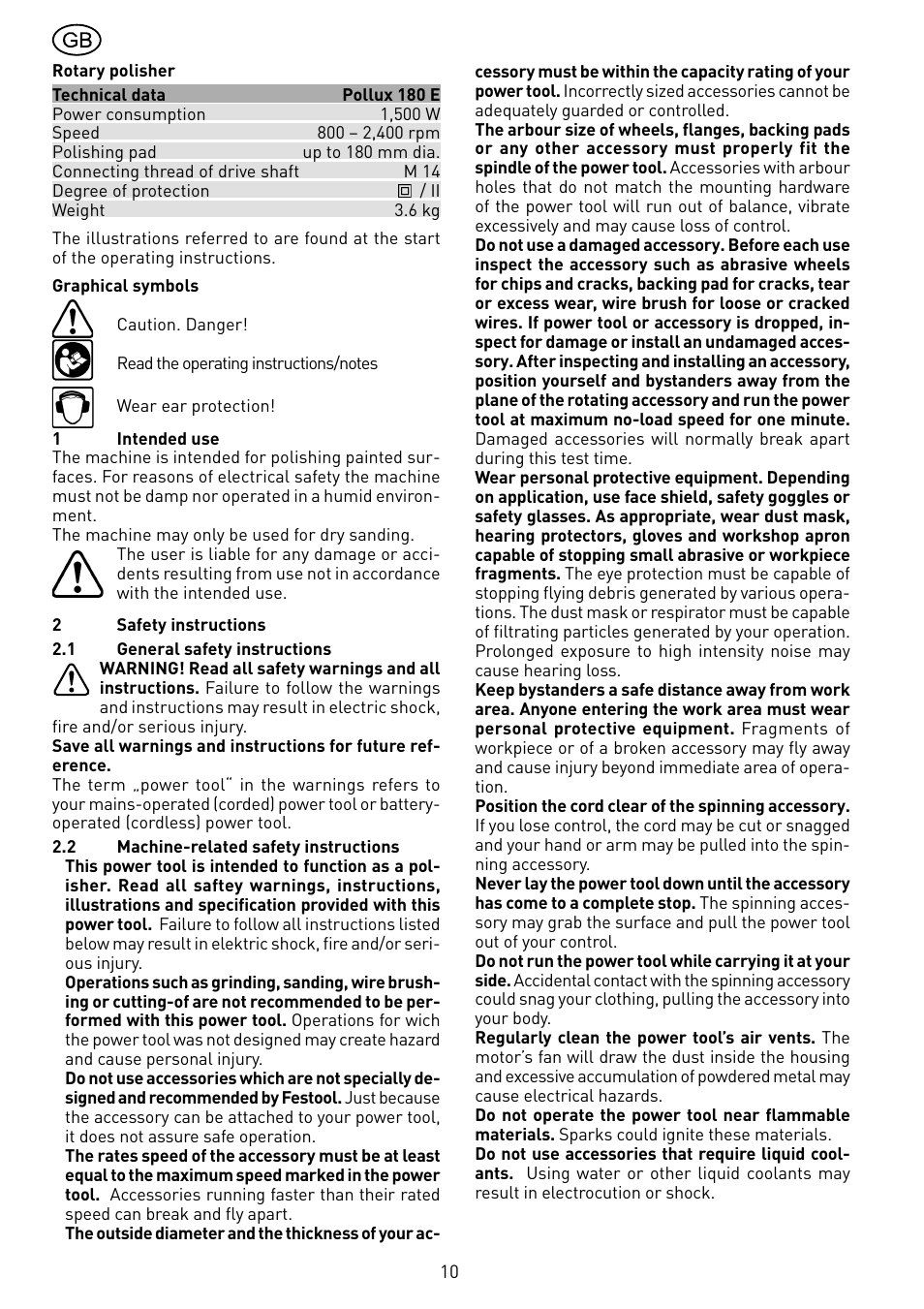 Festool POLLUX 180 E User Manual | Page 10 / 54