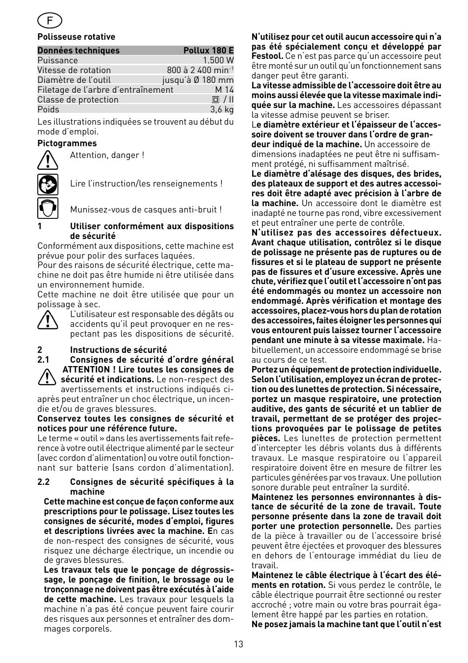 Festool POLLUX 180 E User Manual | Page 13 / 54