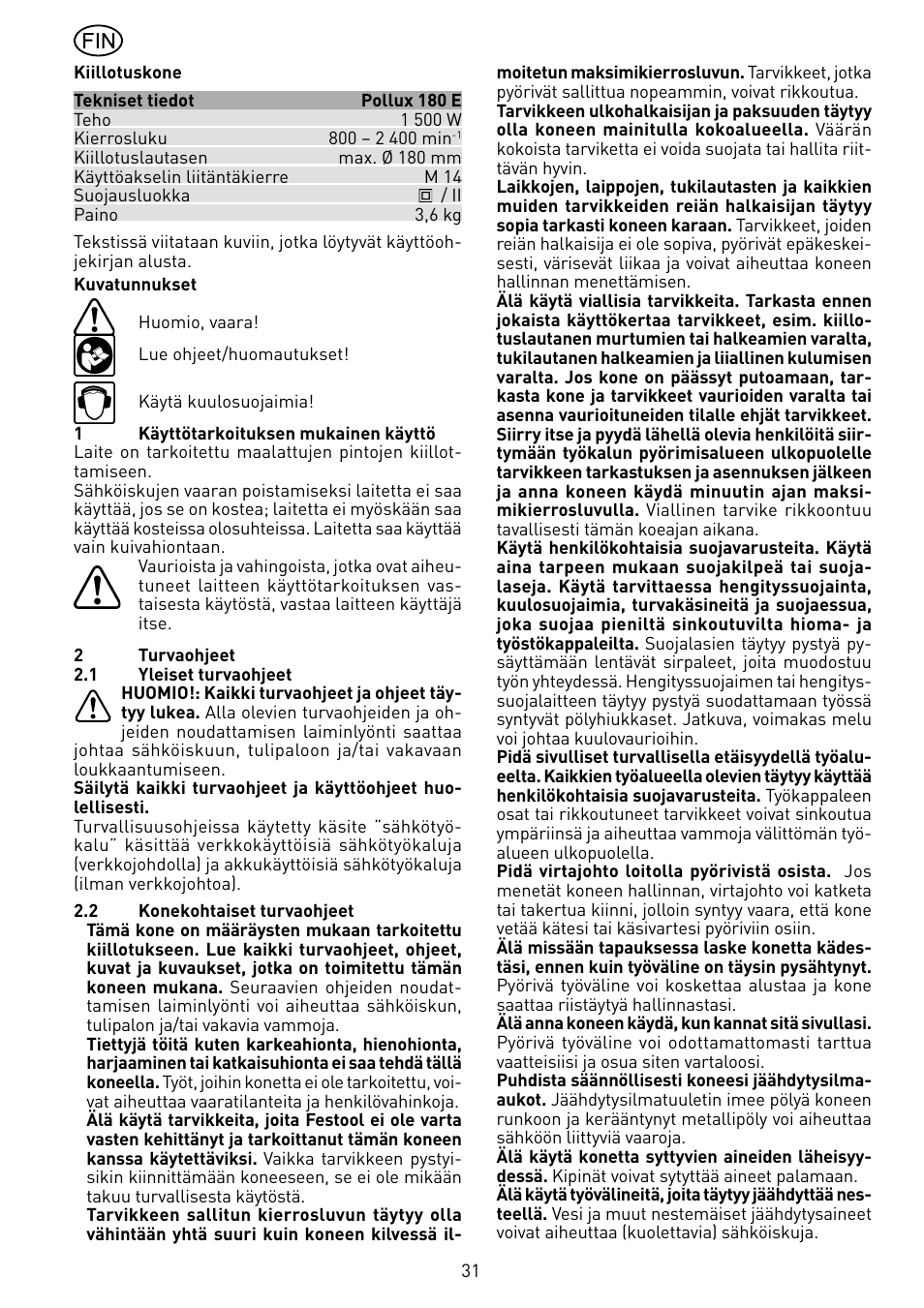 Festool POLLUX 180 E User Manual | Page 31 / 54