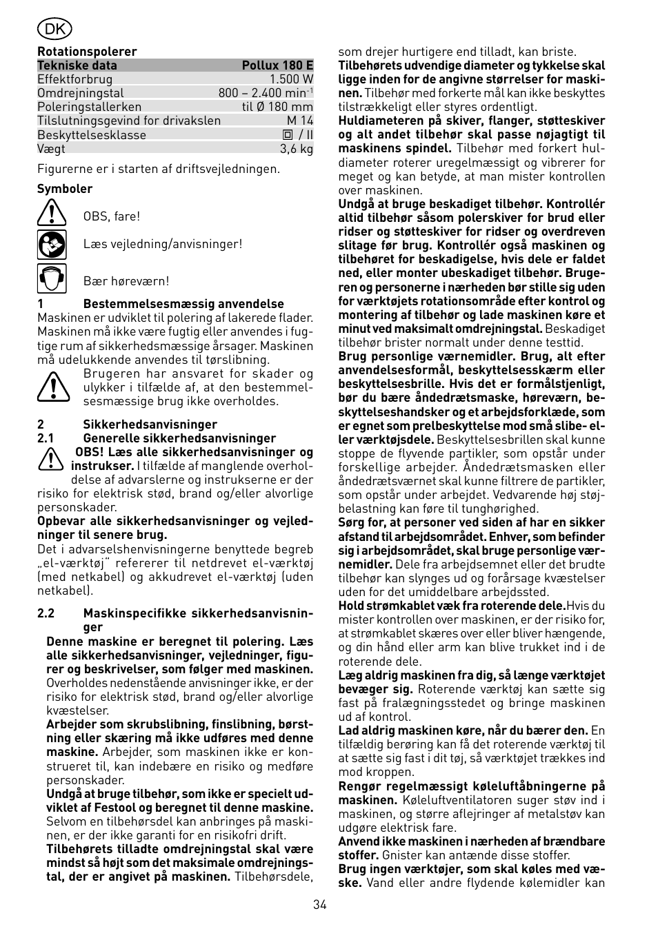 Festool POLLUX 180 E User Manual | Page 34 / 54