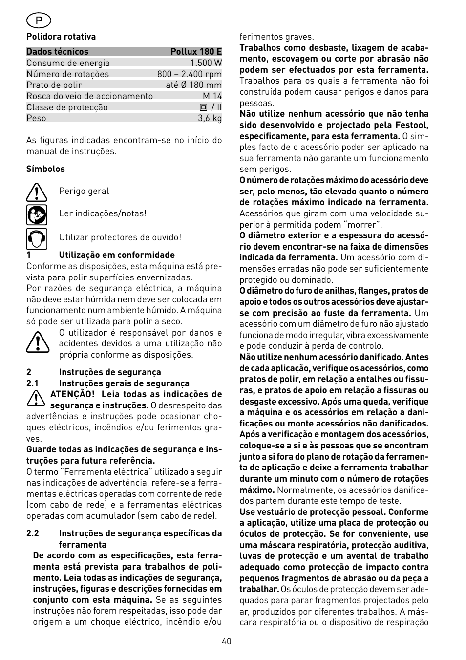 Festool POLLUX 180 E User Manual | Page 40 / 54