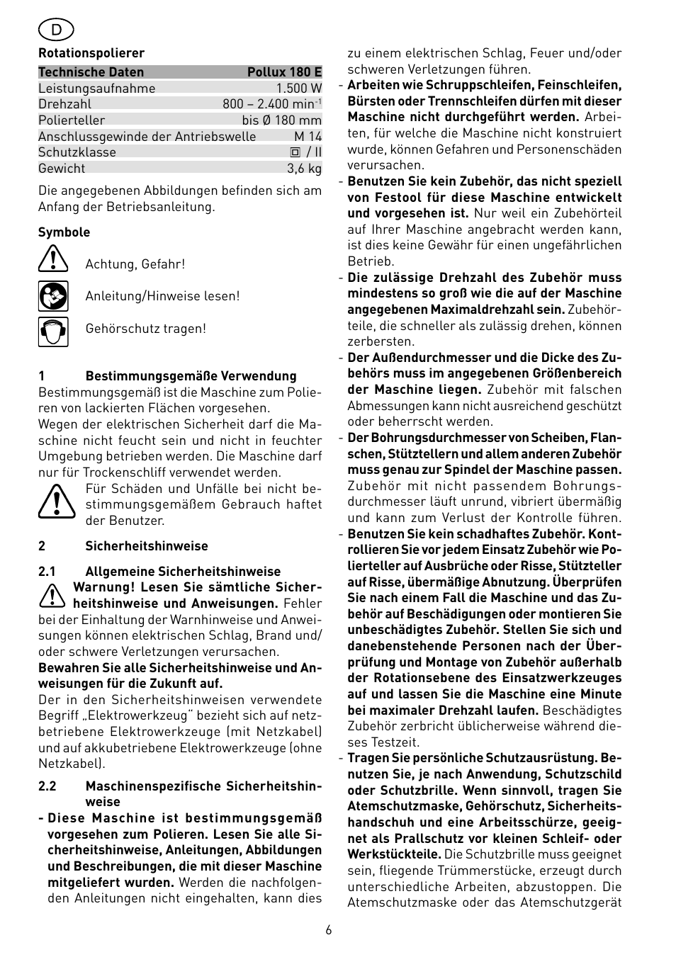 Festool POLLUX 180 E User Manual | Page 6 / 54
