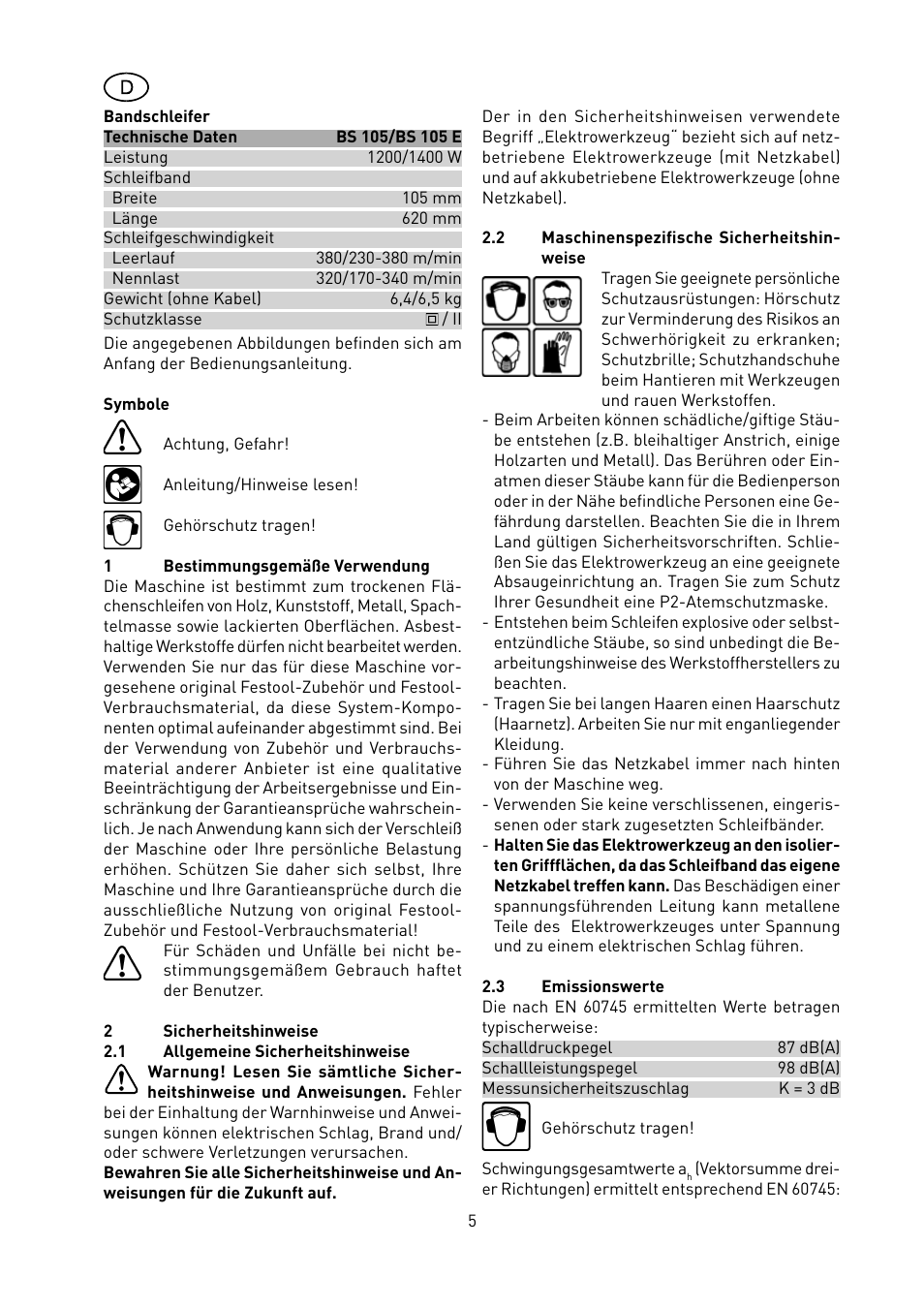 Festool BS 105 E User Manual | Page 6 / 63
