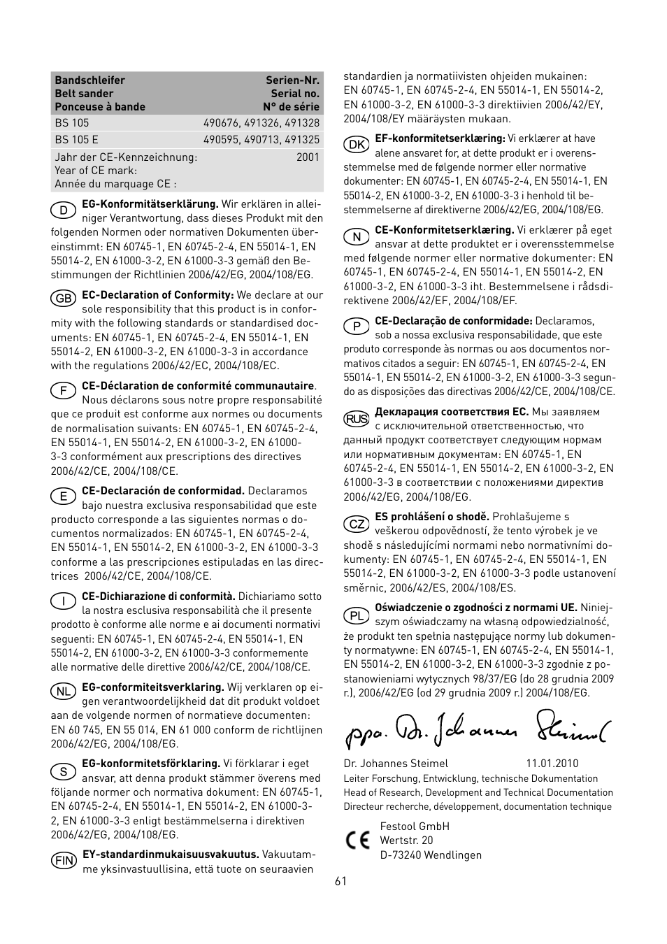 Festool BS 105 E User Manual | Page 62 / 63