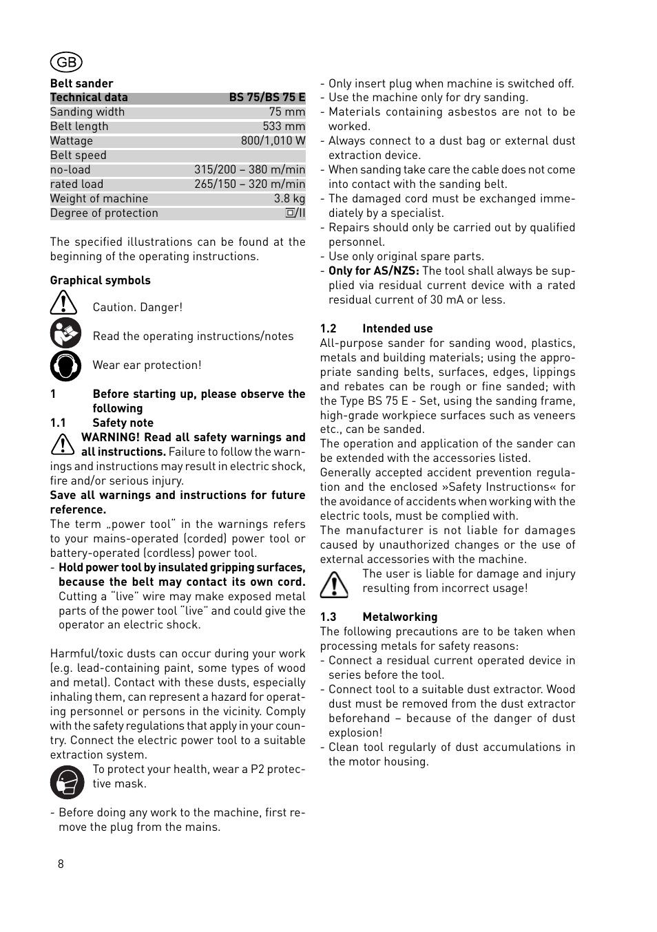 Festool BS 75 E User Manual | Page 8 / 60