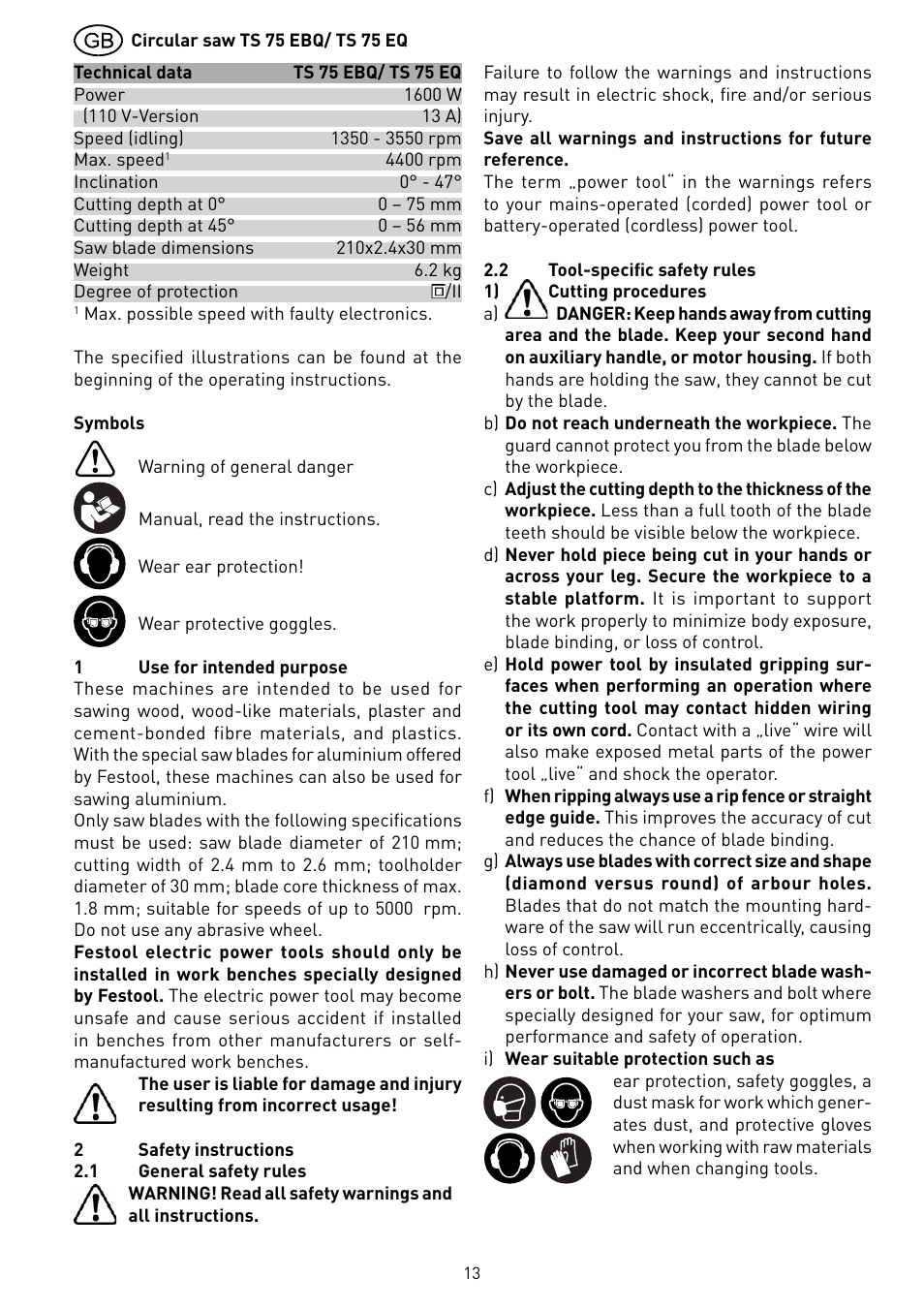 Festool TS 75 User Manual | Page 13 / 90